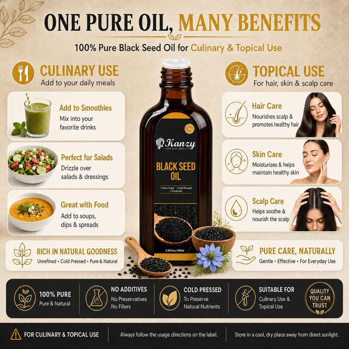 Kanzy Vitamin E Oil for Skin, Hair, Lips and Face - Naturally Sourced Multi-Purpose Plant-Based Vitamin E Oil for Hair Growth as Skincare and Haircare Product for both Men and Women (30 ml)