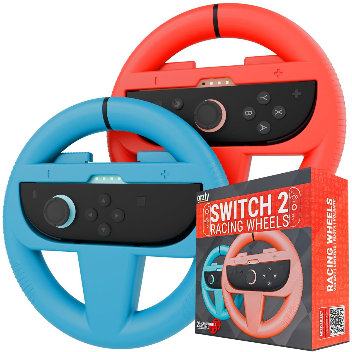 Orzly Racing Steering Wheels – Compatible with Switch 2 (2025 Console) – Party Pack of 4 Joy-Con Controller Attachments for Racing Games (2 Black, 1 Blue, 1 Red)