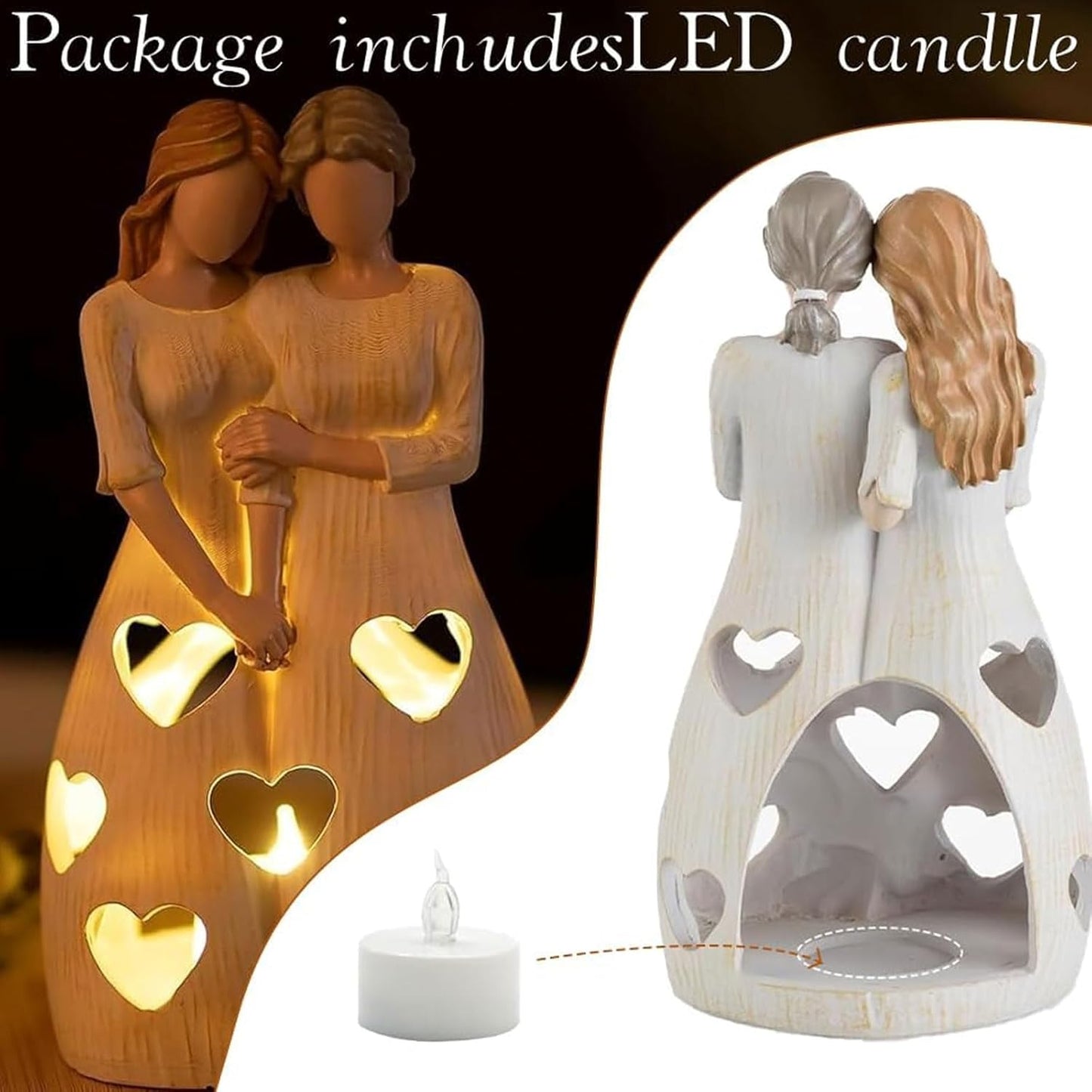 Mother and Daughter Candle Holder Statue, Gift for Mom From Daughter, Figurine Candle Holder with LED Flickering Candle, Resin Statue Ornament, Heartwarming Gift for Mum Birthday ﻿