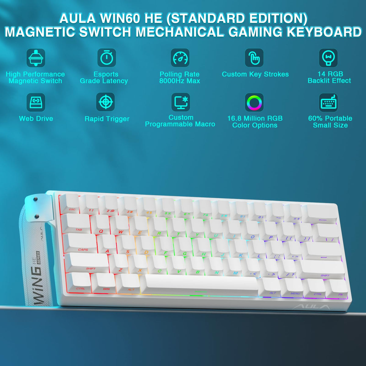AULA WIN60 HE Mechanical Gaming Keyboard Wired,Hall Effect Magnetic Switches,Adjustable Actuation Rapid Trigger,8K Polling Rate,RGB Backlight,60% Percent Keyboard for Mac/Win (BLACK) (Pack of 2)