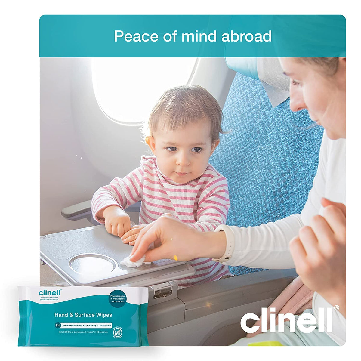 Clinell Antimicrobial Hand Wipes for Cleaning & Disinfecting - Sanitising Wipes, Ideal for Travel - Dermatologically Tested, Kills 99.99% of Bacteria & Viruses - 84 Wipes