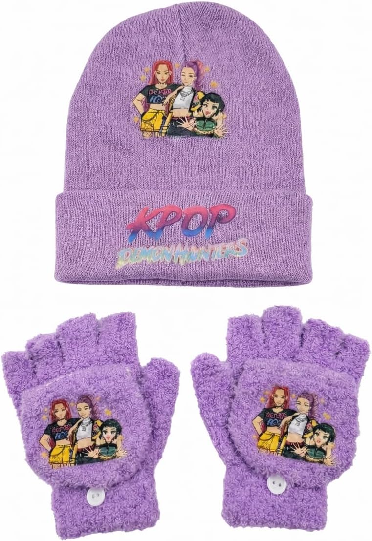 Kpop Inspired Hunters Winter Hat and Gloves Set - Warm Thermal Beanie Cap With Anti-slip Fold Mitten Gloves Outdoor Sports Soft for School,Gifts for Korean Pop, Anime Lovers, Girls