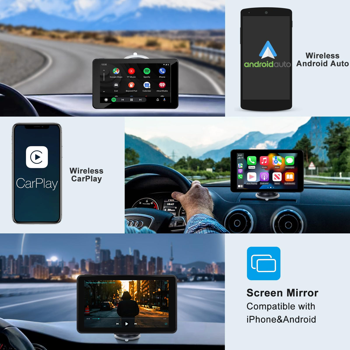 Wireless CarPlay Android Auto Screen, Car Stereo for CarPlay 7" HD Touch Screen Portable Navigation AirPlay Video Music Player Bluetooth WiFi, Voice Control, Mirror Link