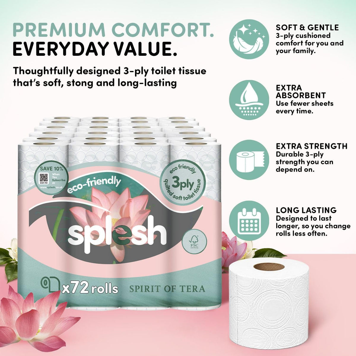 Splesh by Cusheen Toilet Roll 72 Rolls - Aloe Vera Scent Bulk Family Pack | Soft 3 Ply Quilted Bathroom Tissue Loo Rolls | Eco-Friendly, Sustainable Toilet Paper