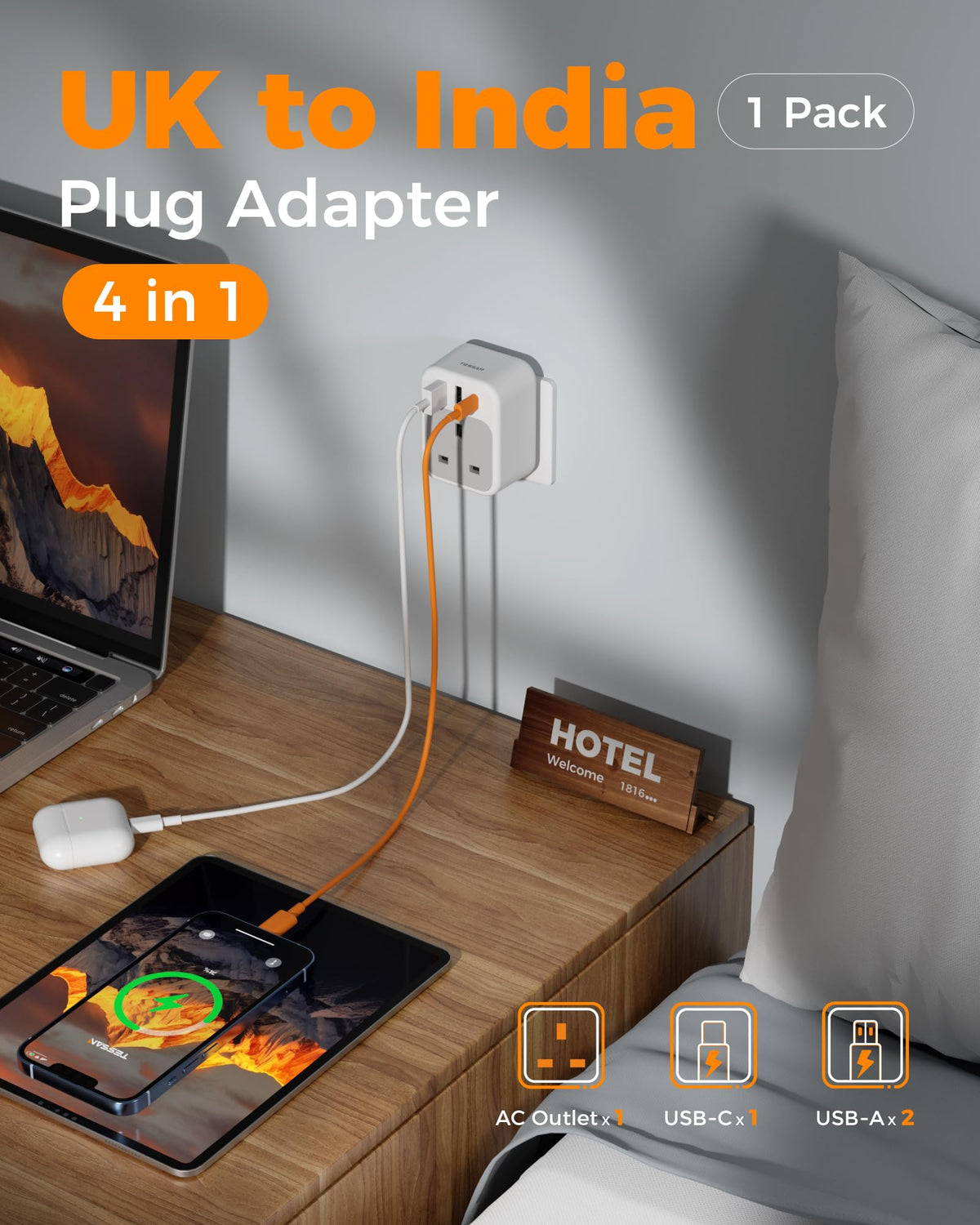 TESSAN UK to Italy Plug Adapter, Grounded Type L Travel Adaptor with USB C