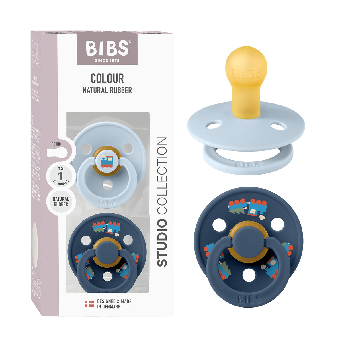 BIBS Colour Soother 2-Pack, BPA Free Dummy Pacifier, Round Nipple. Natural Rubber Latex, Made in Denmark, Size 2 (6-18 Months), Baby Blue