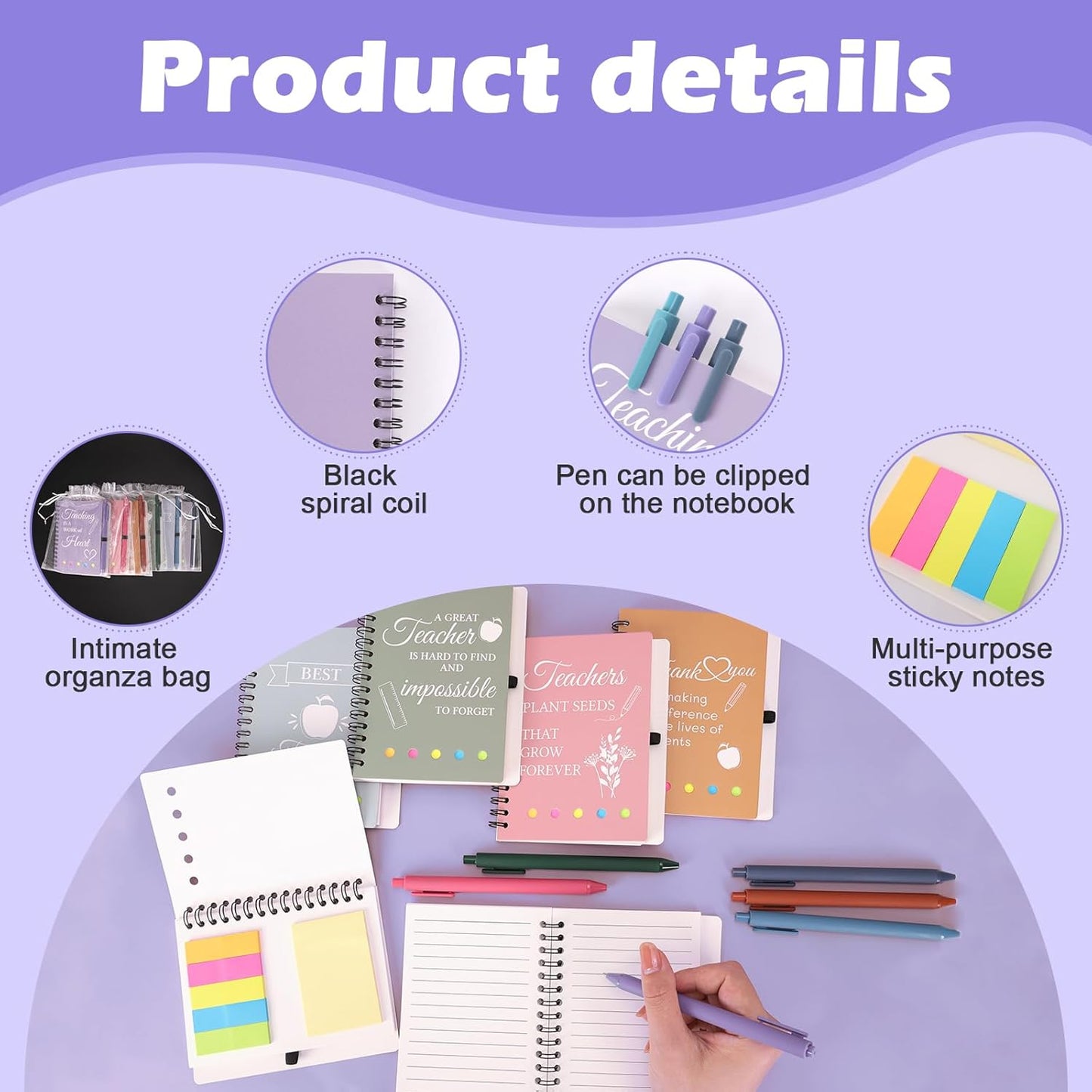 GADITIEK 6 Sets Thank You Teacher Gifts, Teachers Notebook Gifts for Women Men, Gift Teacher Multipack with Pen and Organza Bag for Nursery, Teaching Assistant, Teacher Gift