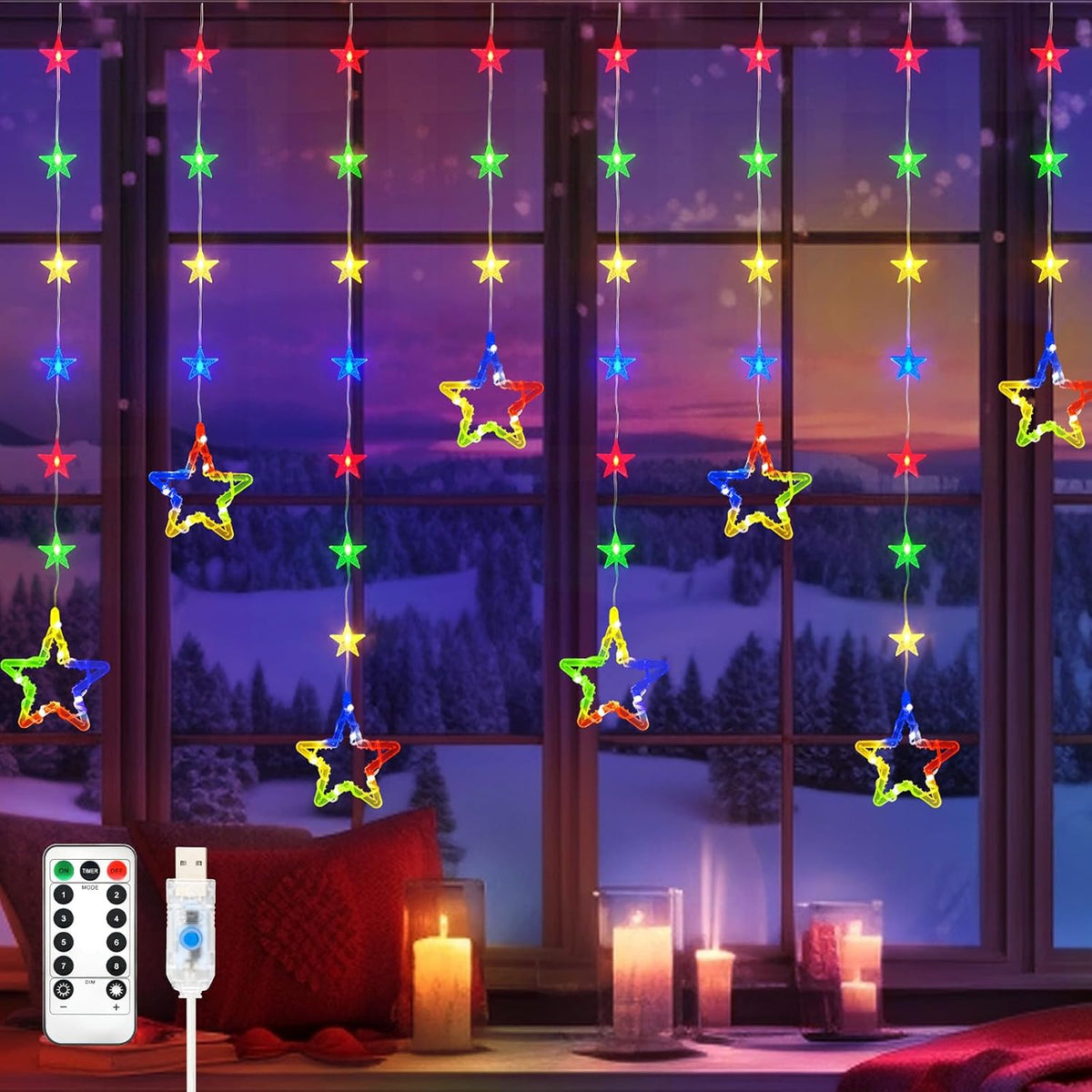 Christmas Star Window Lights, 2M 48 Stars 80 LED Curtain Fairy Lights with Remote, Timer, 8 Modes, Dimmable, USB Powered String Lights for Window, Bedroom, Party, Christmas Decorations