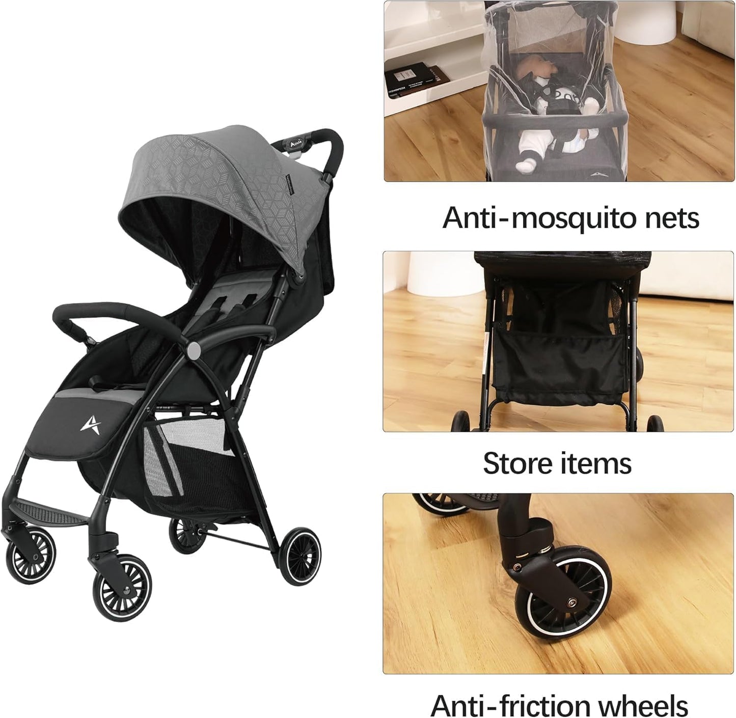 Alivio Lightweight Pushchair, Folding Baby Stroller 0-3 Years, Toddlers Travel Stroller with Mosquito Nets, Shoulder Strap, Anti-Friction & Wheels (Grey)