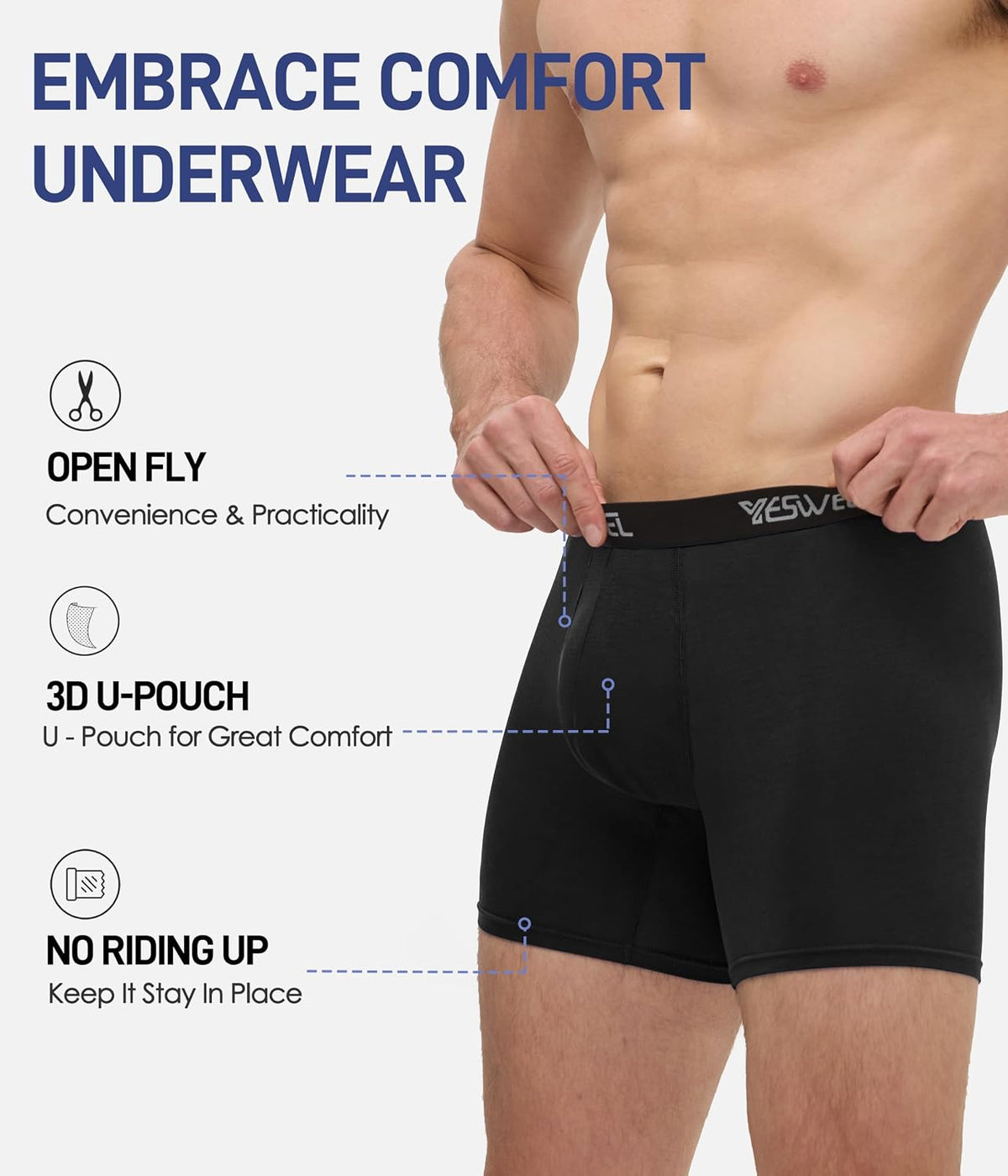 YESWEL Mens Bamboo Boxers, Longer Leg Boxer Shorts with Fly, Anti Chafing Underwear Trunks, No Itchy Labels Underpants (S-4XL)