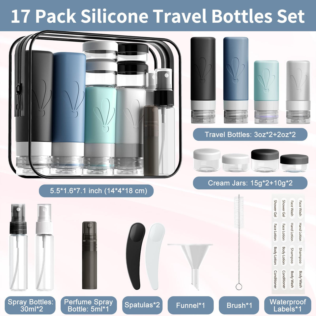 INSFIT Travel Bottles for Toiletries, 17 Pack Leakproof Travel Size Toiletries, Airplane Travel Essentials, Holiday Essentials for Women and Men with Labels/Clear Bag