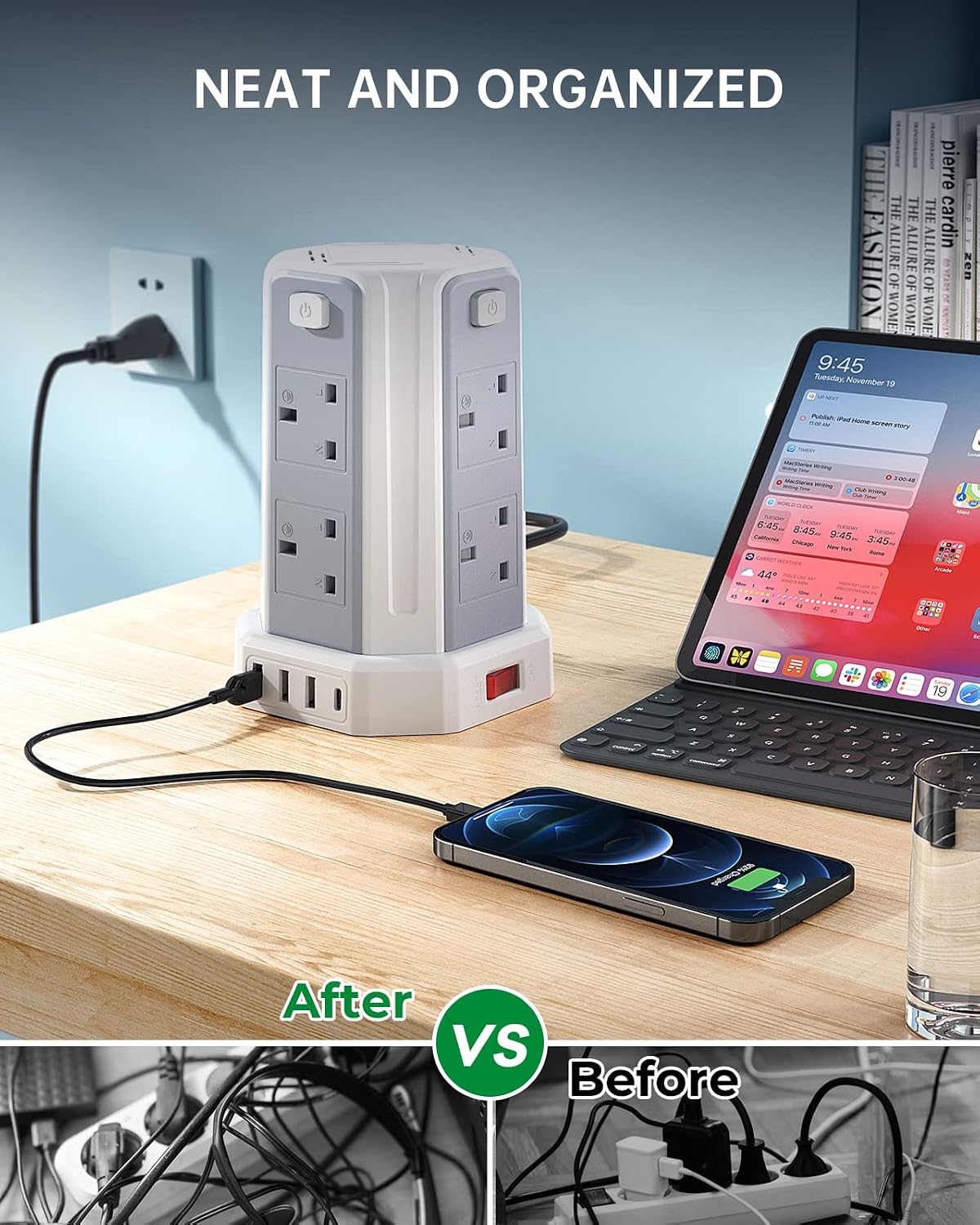 Tower Extension Lead 3M, 8 AC Outlets and 4 USB Ports Extension Tower