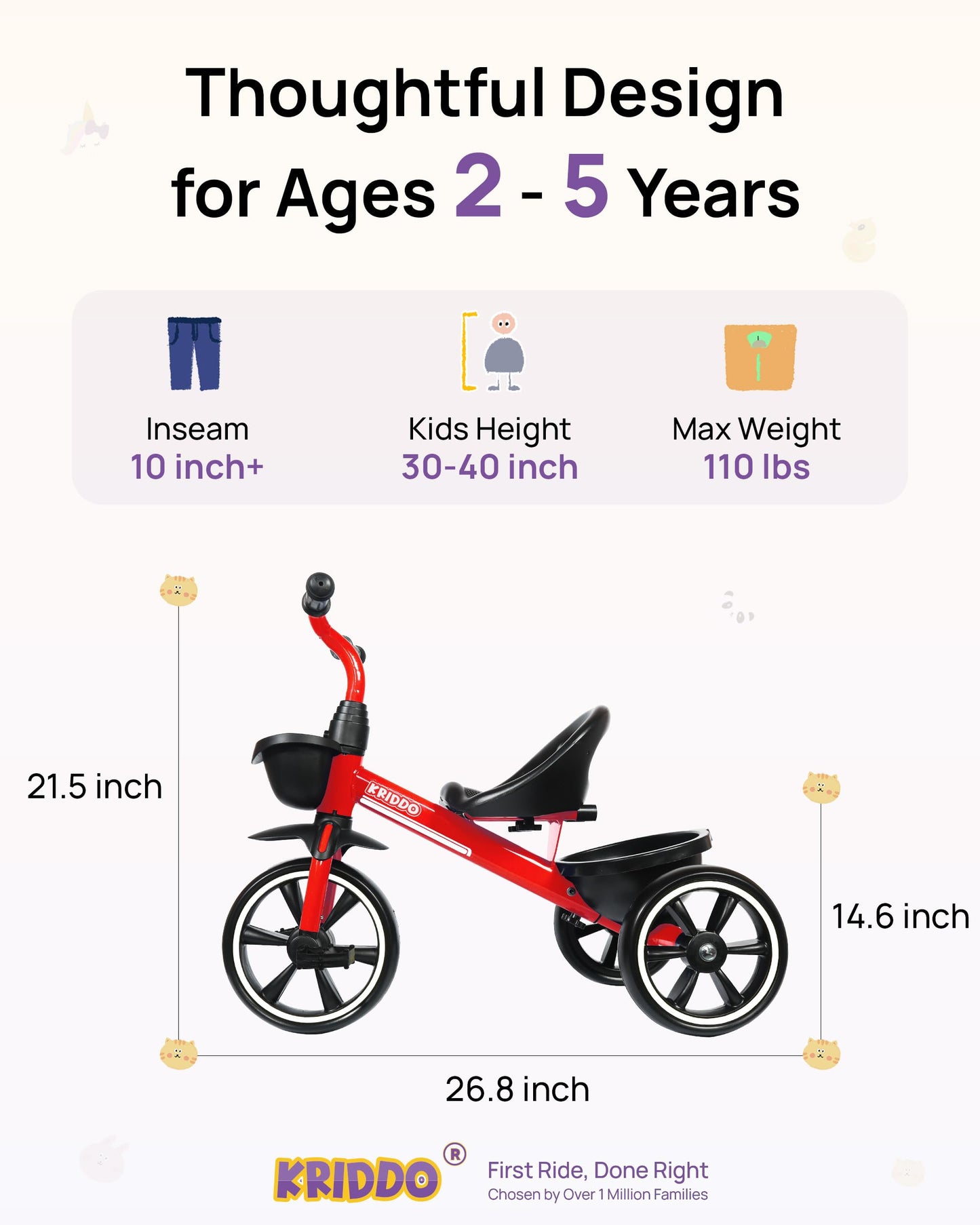 KRIDDO Toddler Tricycle — Anti-Tip Design, BPA-Free | Ages 18 Months to 4 Years | Pink