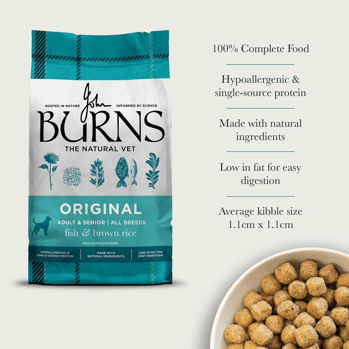 Burns Pet Nutrition Hypoallergenic Complete Dry Dog Food Adult and Senior Dog Original Chicken and Brown Rice 12 kg