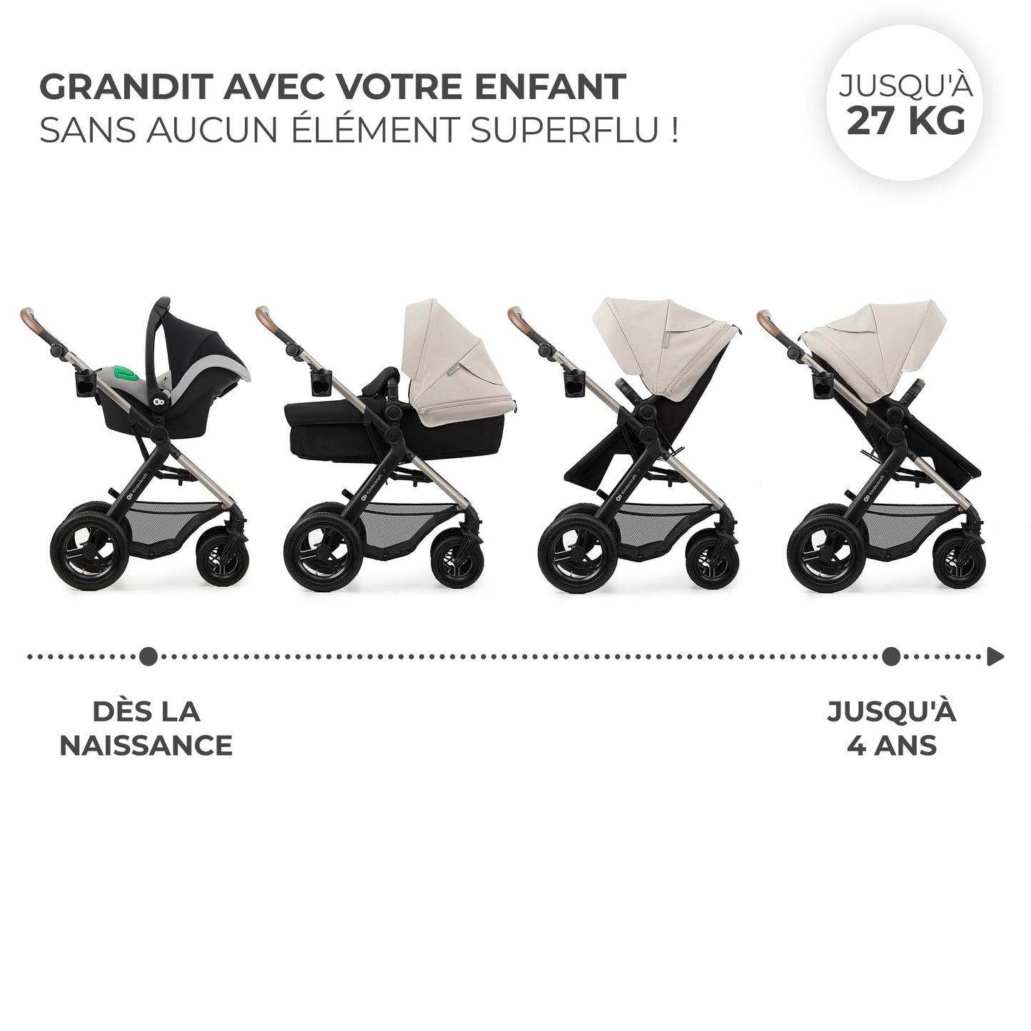 Kinderkraft MOOV 2 AIR 4 in 1 Set, Pram with Infant Car Seat with Isofix Base Mink PRO I-Size, Travel System, Baby Pushchair, Buggy, Foldable, from Birth to 22 kg, Inflatable Wheels, Gray