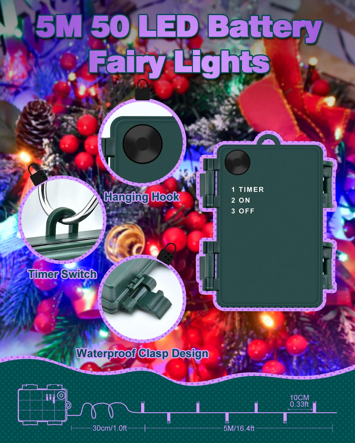 Dalugo Halloween Decoration Lights, 5M 50 LED Orange Purple White Fairy Lights with Timer, IP65 Waterproof Battery Powered Lights for Indoor Outdoor Autumn Halloween Decorations(Green Wire)
