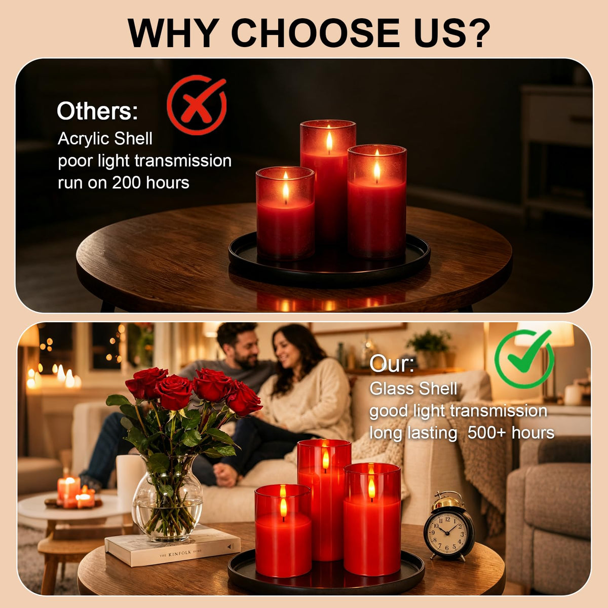 Homemory Real Wax LED Candles Flickering, Clear Glass Shell, Gold, Set of 3