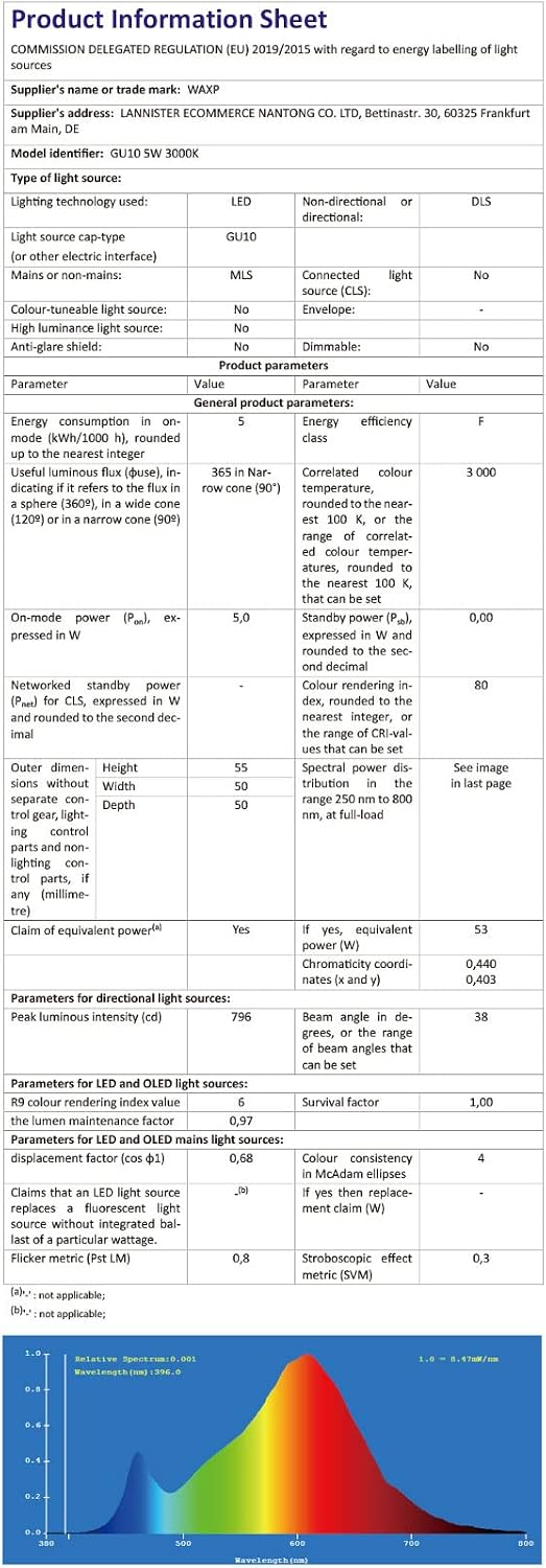 GU10 LED Spot Light Bulbs Warm White 5W, 3000K, 365lm, No Flickering, Energy Saving Light Bulbs, Equivalent 40-50W GU10 Halogen Spotlight Bulbs, Non-Dimmable, 10 Pack
