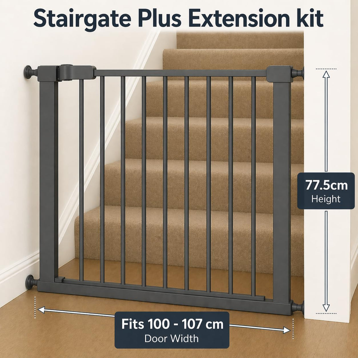 For Your Little One Pressure Fit Safety Stair Gate – 100–107 cm – 2 x 7 cm Extensions Included – No Screws Needed | One-Hand Opening | Baby & Pet Gate for Stairs & Doorways, Grey