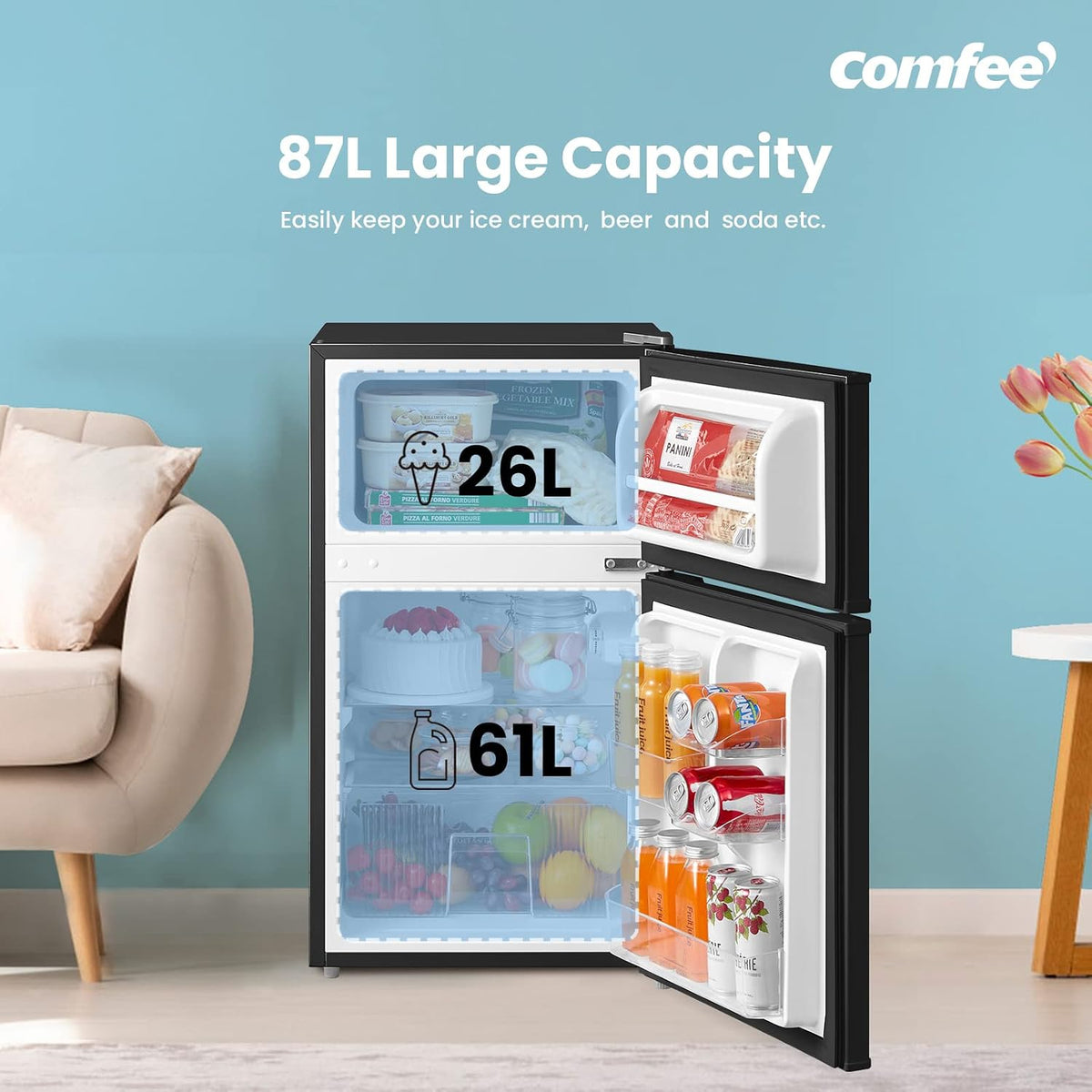 COMFEE' 87L Under Counter Fridge Freezer, Reversible Door, RCT87BL2(E)