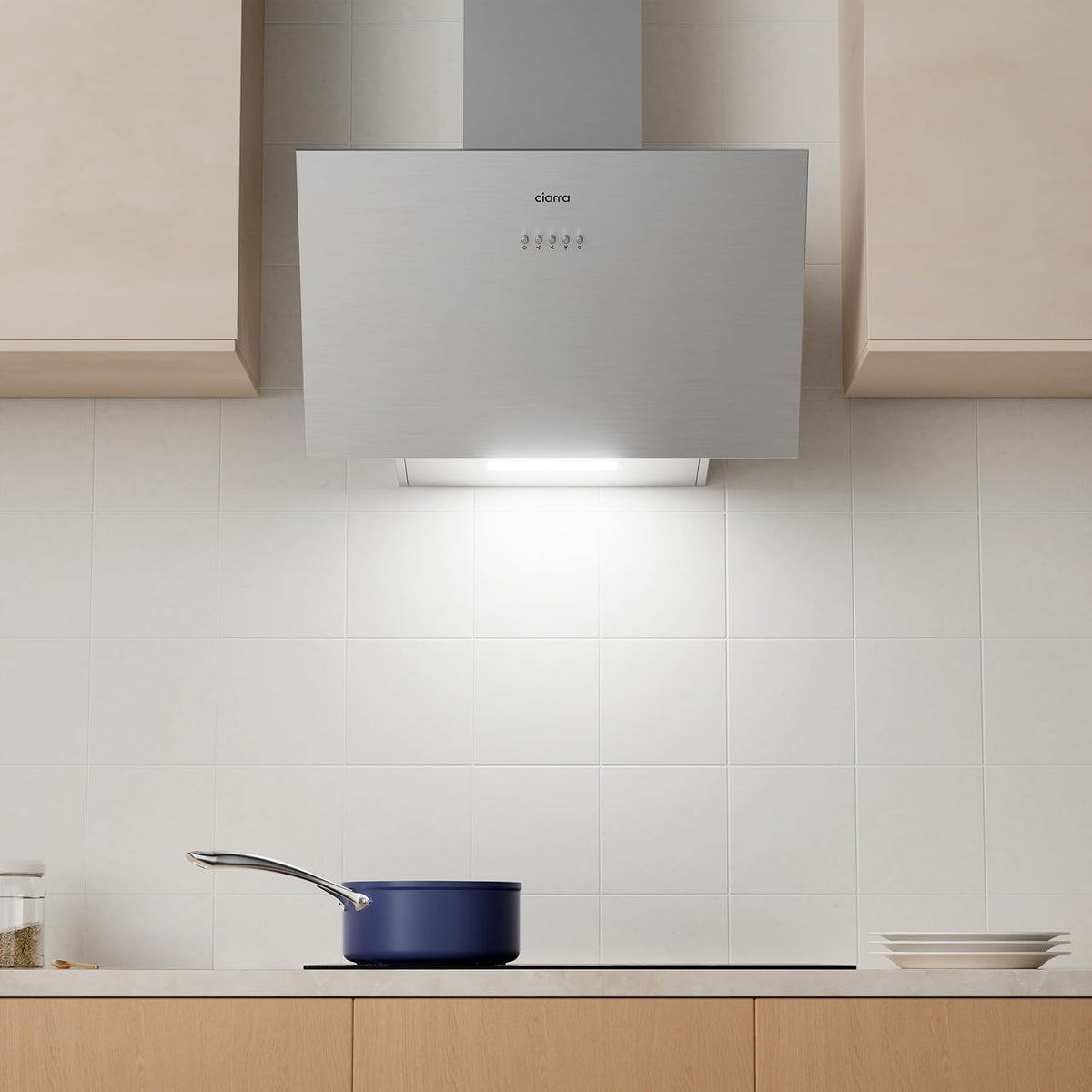 CIARRA CBCB6736C Angled Cooker Hood 60cm with CBCF002X2 Carbon Filters Recirculating & Ducting LED Lights Black Painting&Tempered Glass Wall Mounted Range Hood 600mm Kitchen Extractor Fan