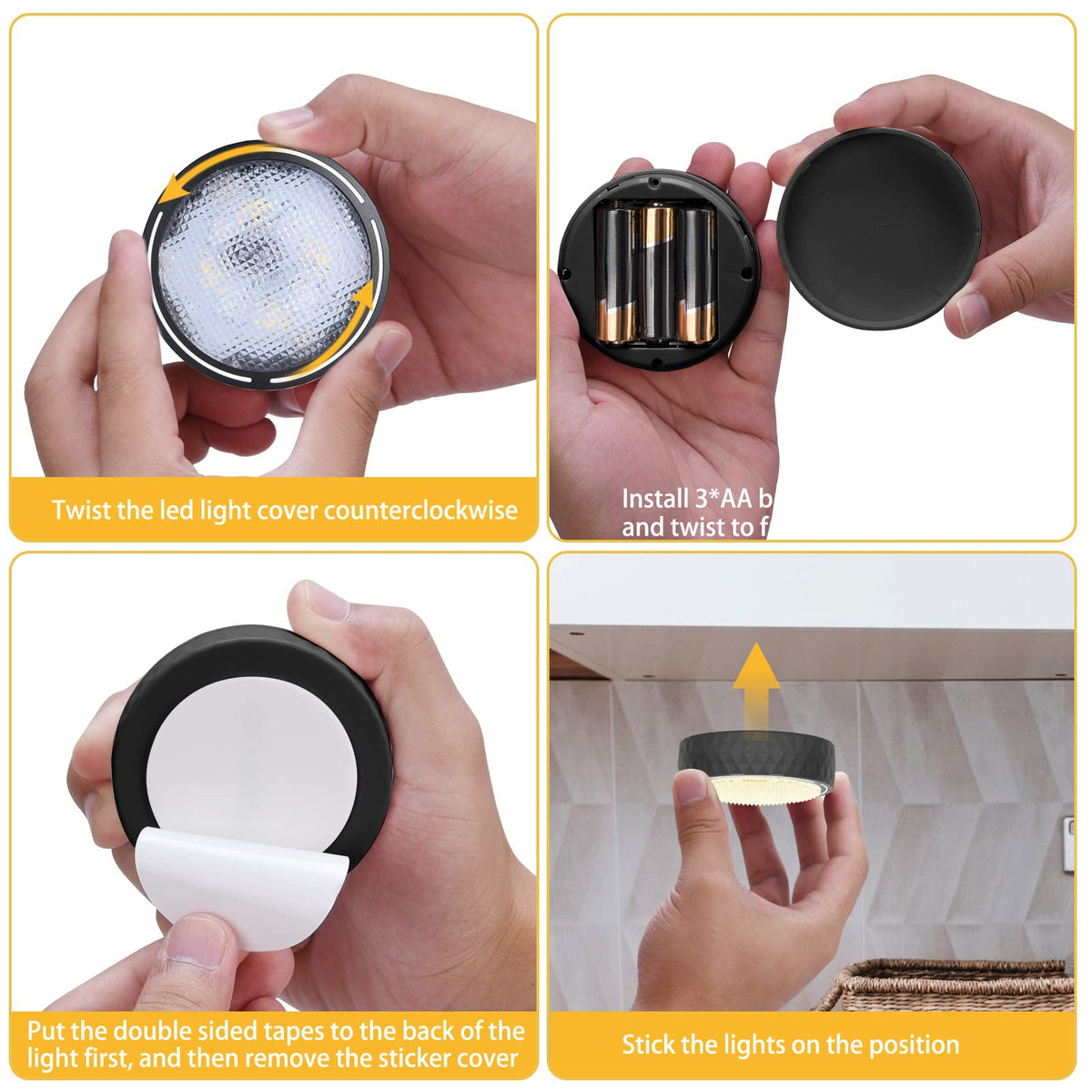 Under Cabinet Lights, Wireless LED Puck Lights Remote Control, 4000K Natural White Brightness Dimmable Battery Powered Touch Closet Cupboard Kitchen Wardrobe Lights, 6 Pack (White)