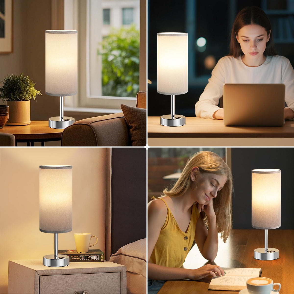Aooshine Grey Table Lamp, 3-Way Dimmable, USB A + C Charging