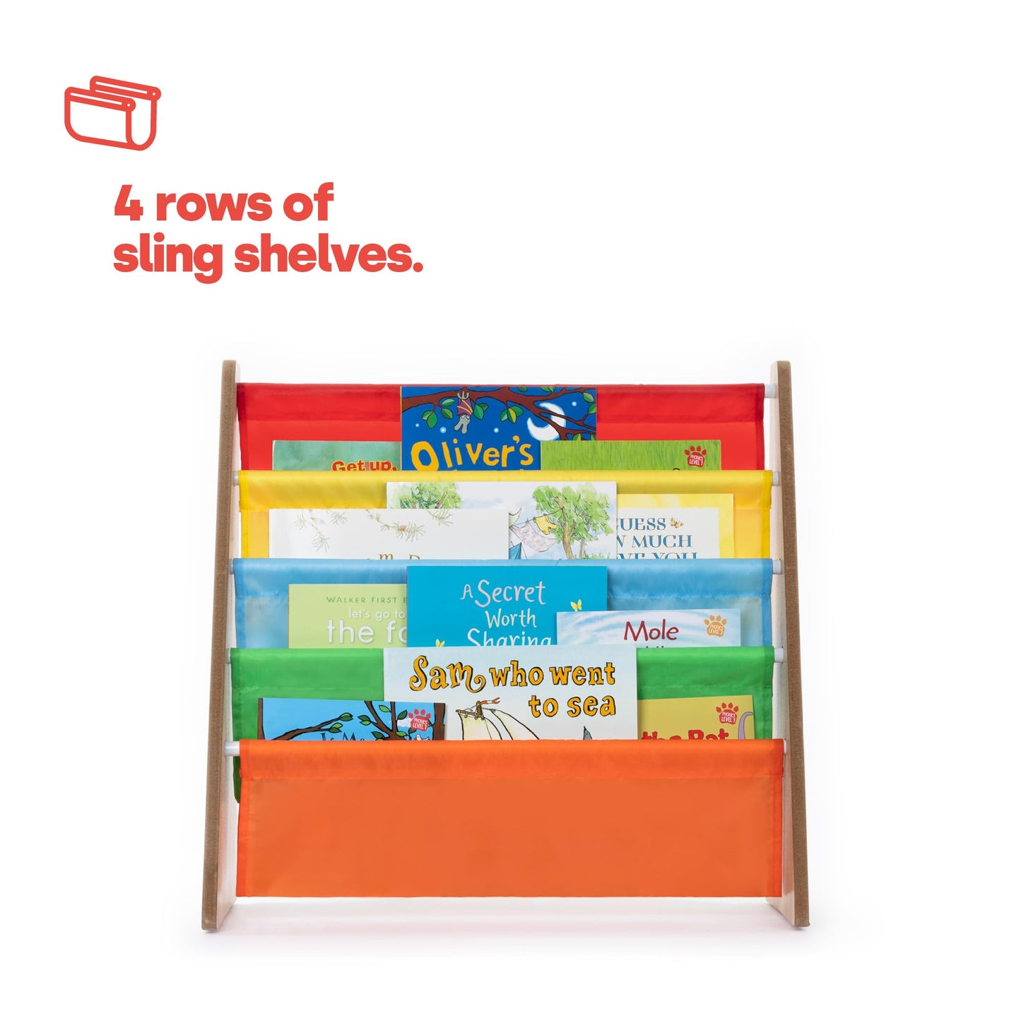 LIVIVO Colorful Kids Bookshelf - 4 Tier Children's Bookcase, Magazine and Book Storage Rack, Wooden Sling Book Organizer, Book Shelf for Kids Room, Bedroom, Nursery, Playroom (Natural)