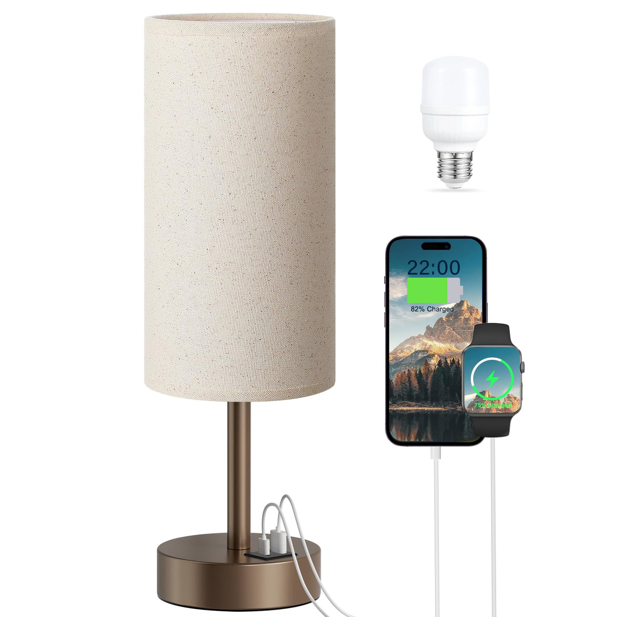 Aooshine Grey Table Lamp, 3-Way Dimmable, USB A + C Charging