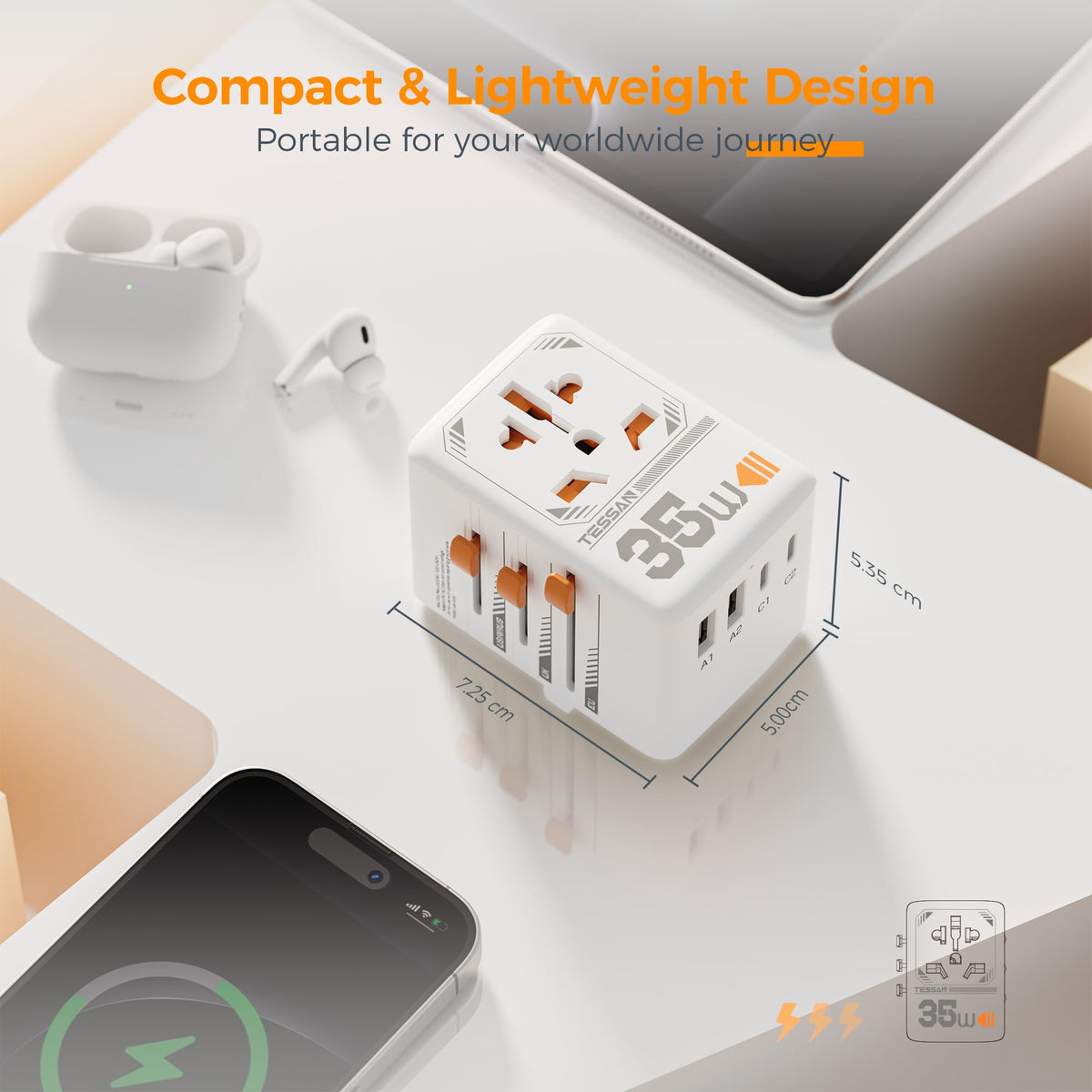 TESSAN Universal Travel Adapter, 28W Worldwide Plug with 2 USBA and 3 USBC
