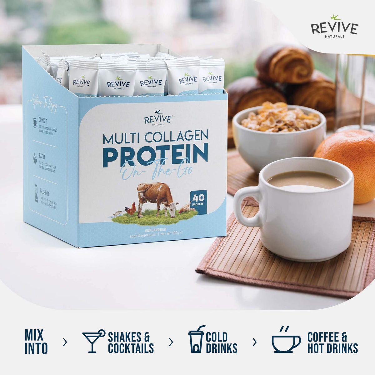 Multi Collagen Protein Powder 400g - Types I, II, III, V & X - Hydrolyzed Grass Fed Bovine, Wild Caught Fish, & Free-Range Chicken & Eggshell Collagen by Revive Naturals
