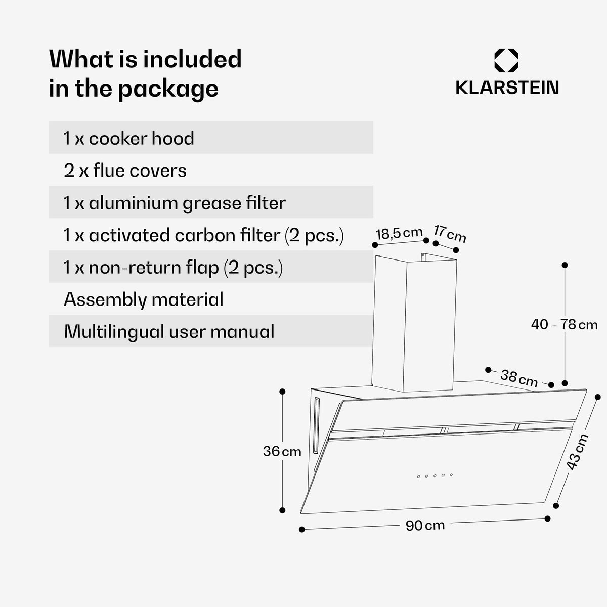 Klarstein Alina 90 Angled Cooker Hood - 615m³/h Air Flow, Touch Panel, LED Backlighting, Quiet 63dB, Energy Class A, 90cm Extractor Hood, Black