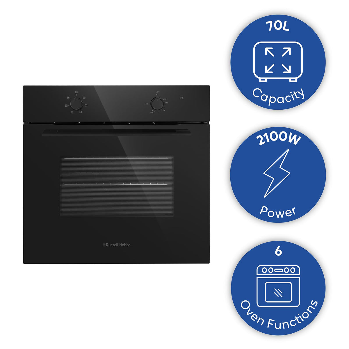 Russell Hobbs 70L, 60cm Wide, Single Electric Built-in Fan Oven and Grill in Stainless Steel, 6 Oven Functions, RHFEO7004SS