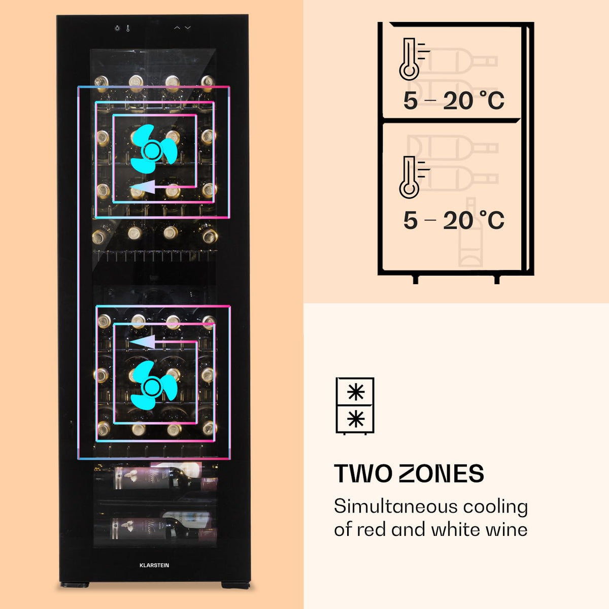 KLARSTEIN Shiraz Wine Cooler Black – 8 Bottles, 1 Zone | Freestanding Wine Fridge with Glass Door, Quiet, 5–18 °C, LED, Stainless Steel Frame