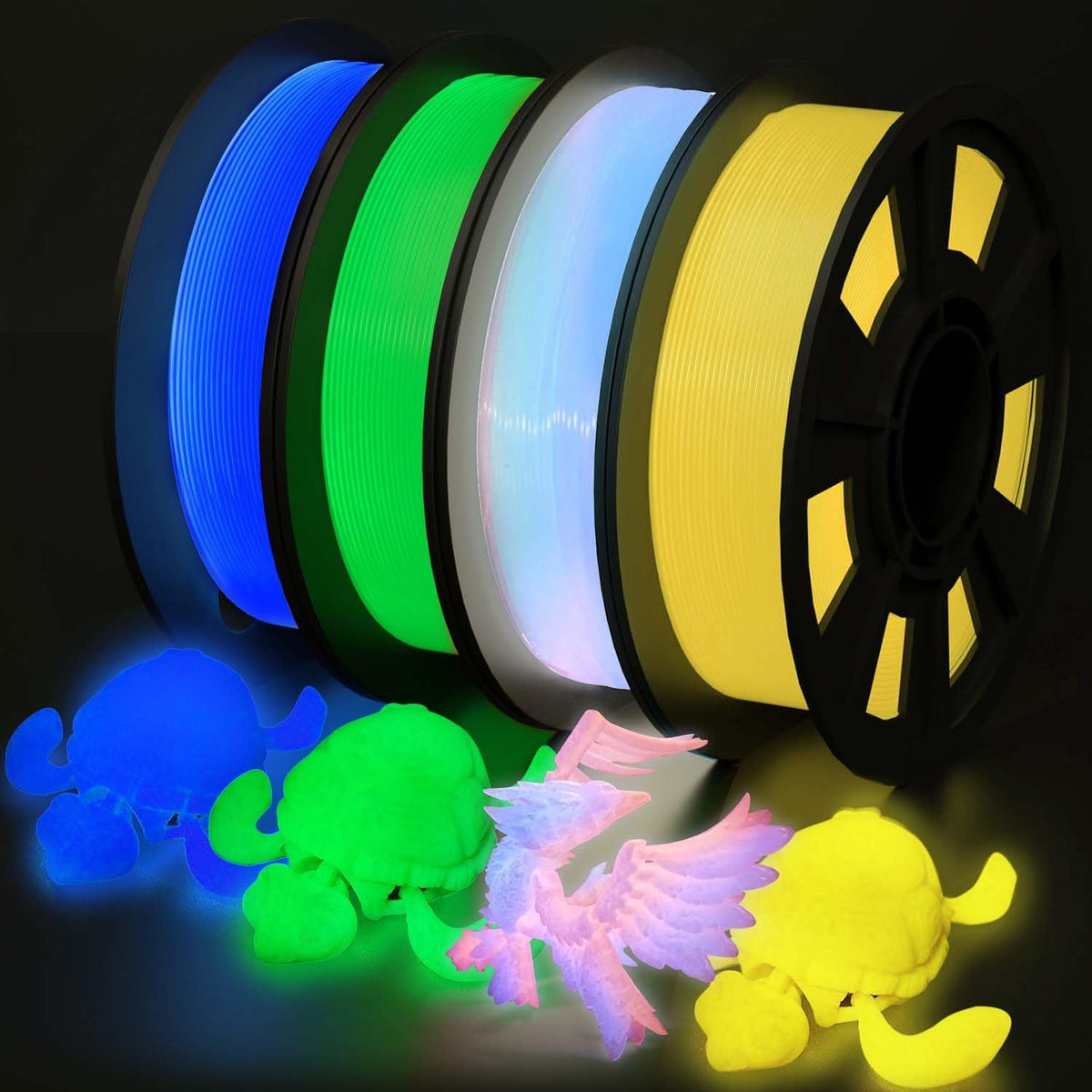 YOUSU 3D Printer Filament Bundle,Glow in The Dark Filament Multicolor,PLA Filament 1.75 mm,Green, Blue,Purple and Rainbow Accuracy +/- 0.03 mm,250g X 4 Pack