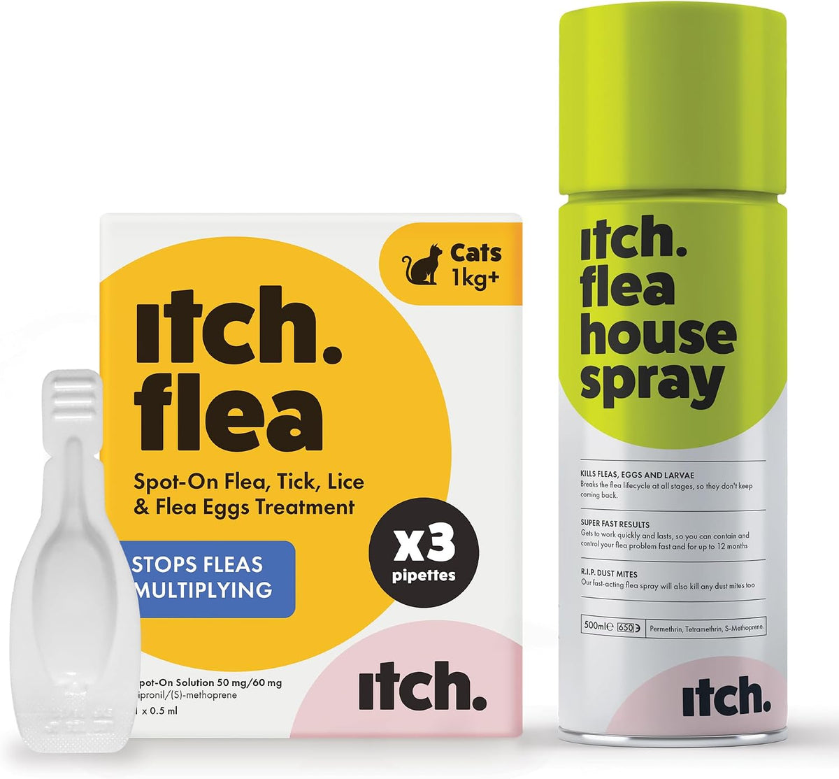 Itch - Flea & Tick Treatment for Cats & Household Flea Spray - Kills Fleas, Lice, Ticks, Eggs and Larvae - With Fipronil and S-Methoprene - Odourless 500ml Spray & Pack of 3 Pipettes
