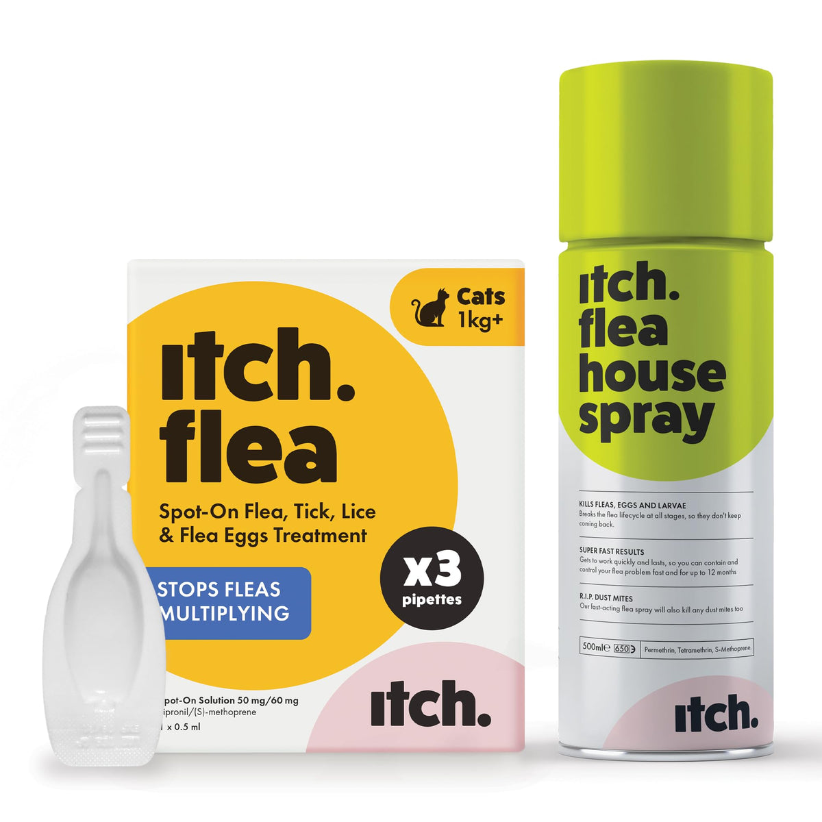 Itch - Flea & Tick Treatment for Cats & Household Flea Spray - Kills Fleas, Lice, Ticks, Eggs and Larvae - With Fipronil and S-Methoprene - Odourless 500ml Spray & Pack of 3 Pipettes