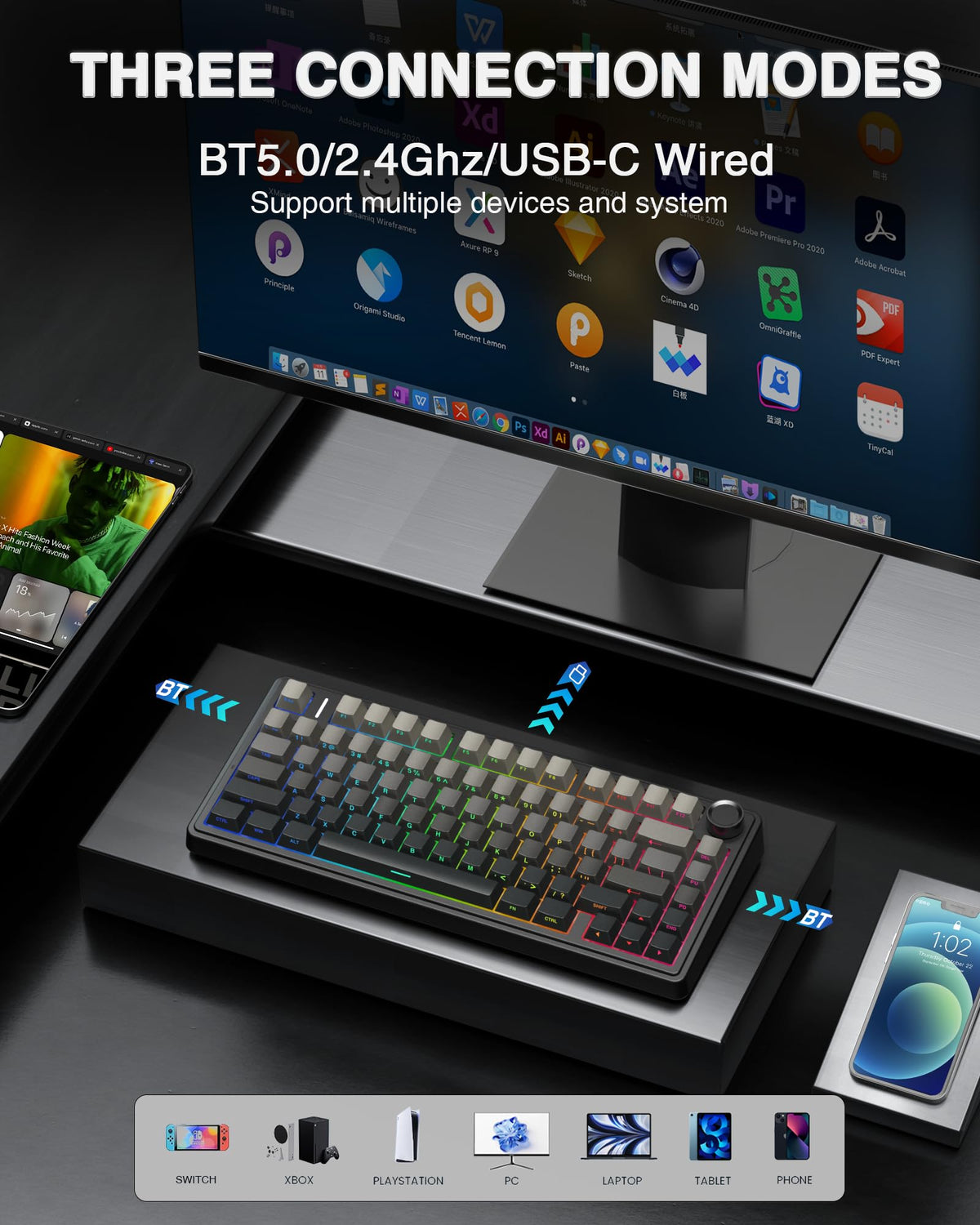 AULA F75 75% Wireless Mechanical Keyboard,2.4Ghz/Type-C/BT5.0 Gaming Keyboards,Advanced Structure,RGB Backlight,Hot Swappable Custom Keyboard for PC/Mac (Cool Black)