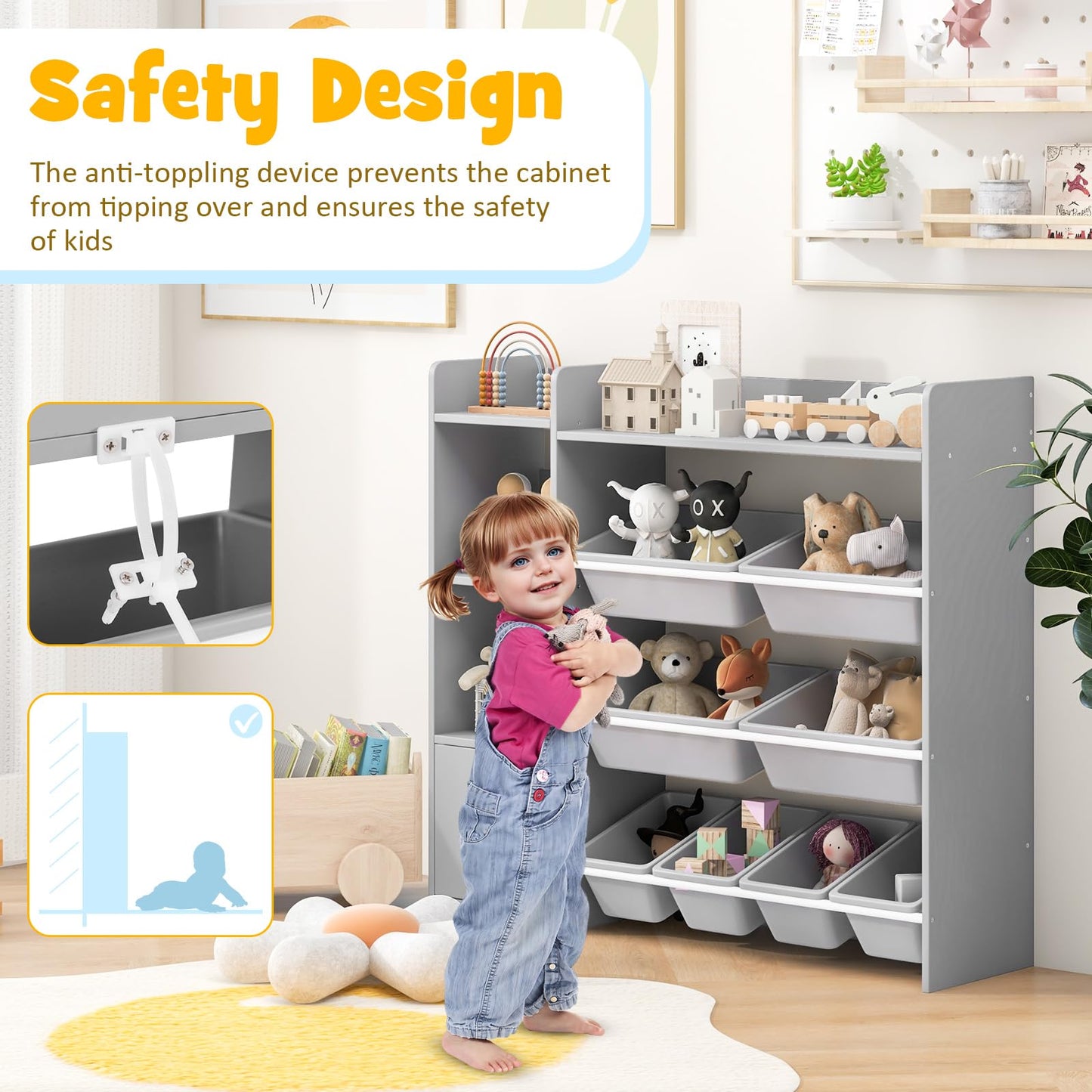 GYMAX Toy Storage Organizer, 4 Tiers Kids Bookshelf and Toy Storage Unit with 8 Bins, Open Shelves and Enclosed Cabinet, Children Bookcase for Playroom Bedroom Nursery (Pink)