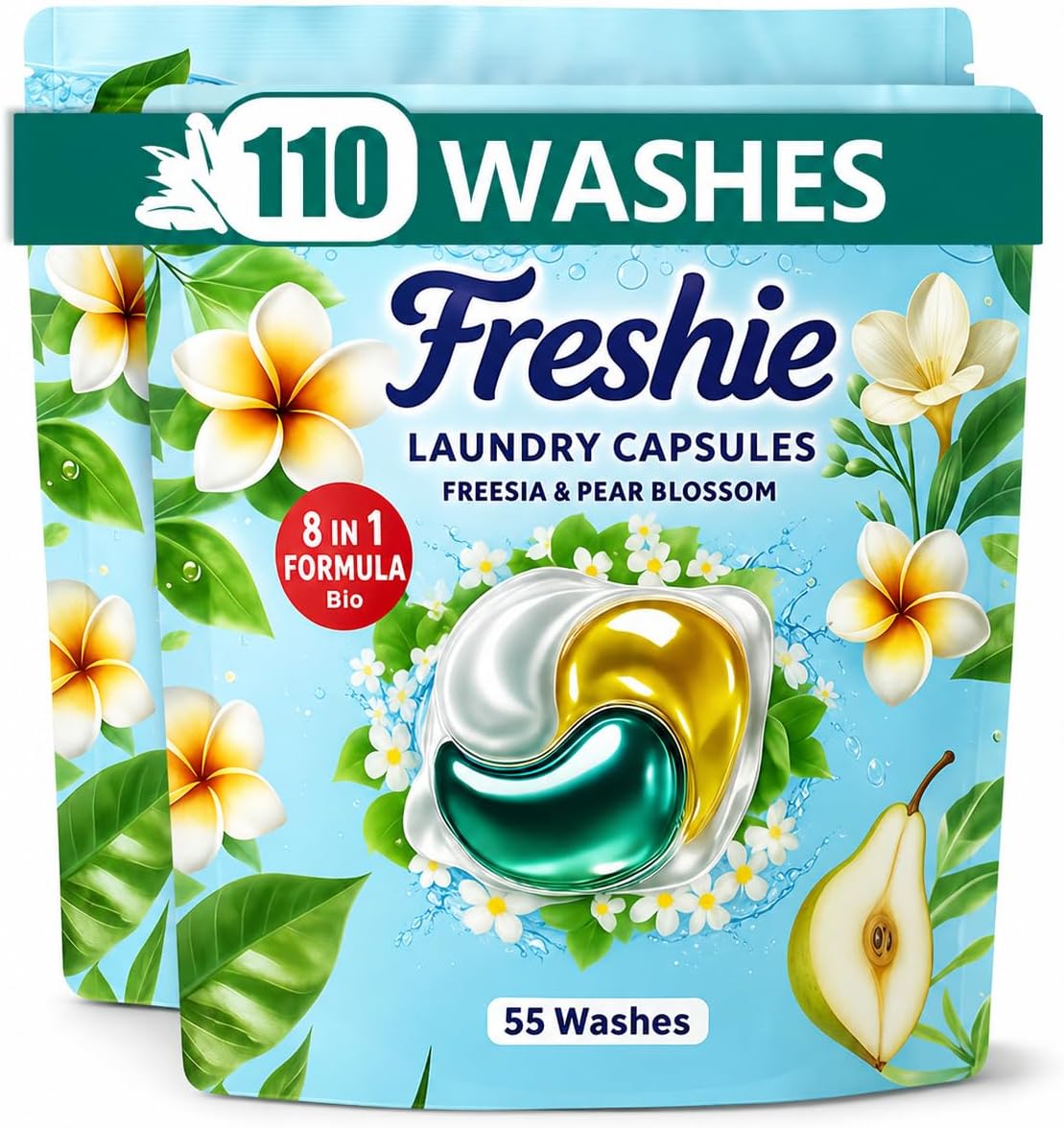 Bio Washing Pods - Laundry Detergent Pods 110 Washes, Fresh Freesia & Pear Blossom Scent - Powerful Stain Removal, Gentle on Skin, Freshness that Lasts and Lasts