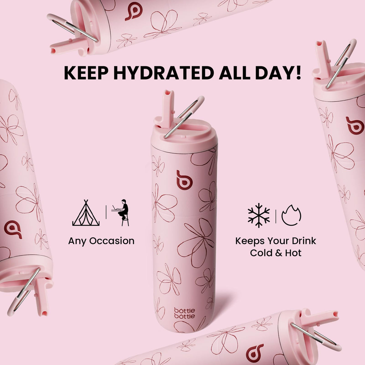 Bottle Bottle Stainless Steel Water Bottle 700ml with Straw and Lid Sports Insulated Metal Water Bottles with Handle(Black)