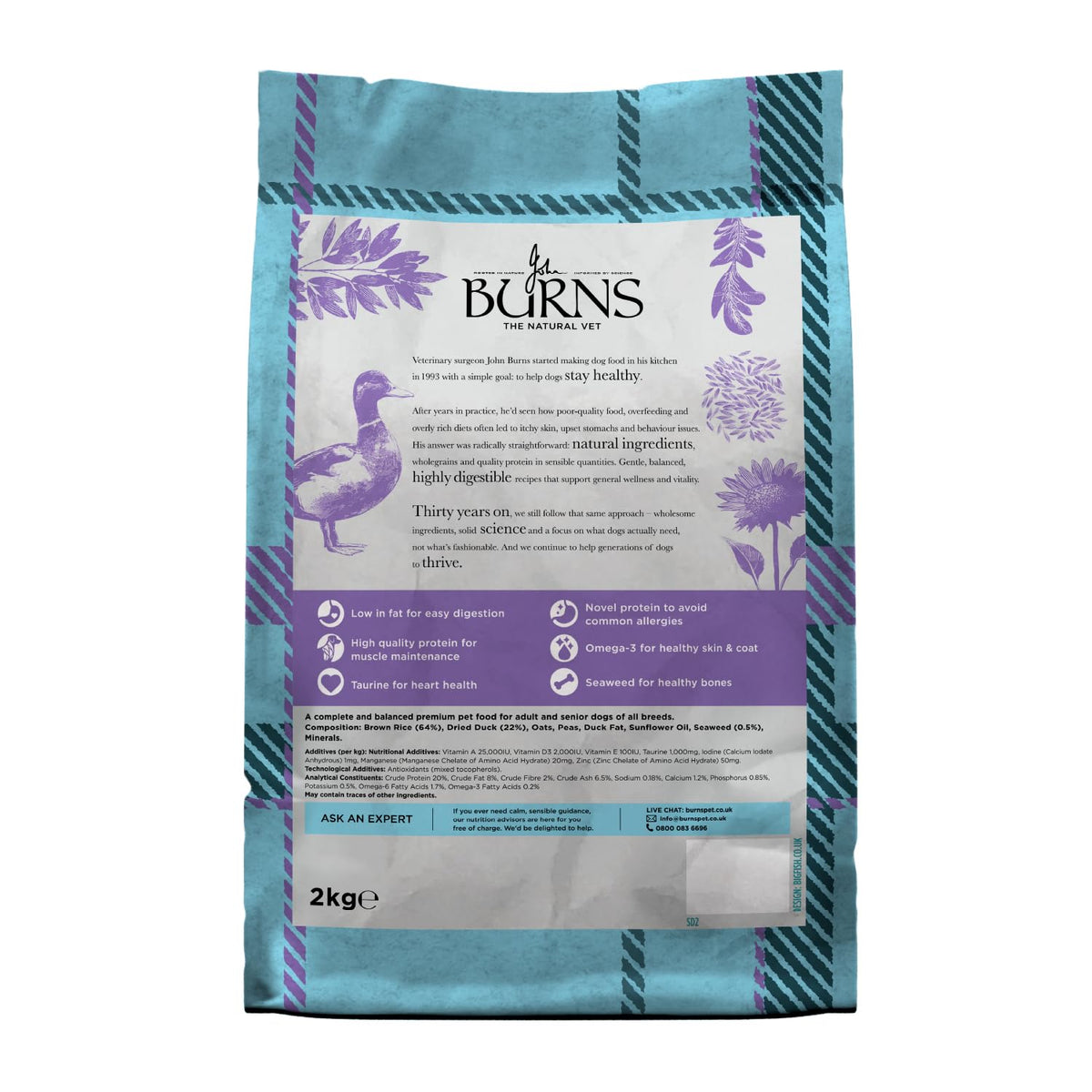 Burns Pet Nutrition Hypoallergenic Complete Dry Dog Food Adult and Senior Dog Sensitive with Pork and Potato 2 kg