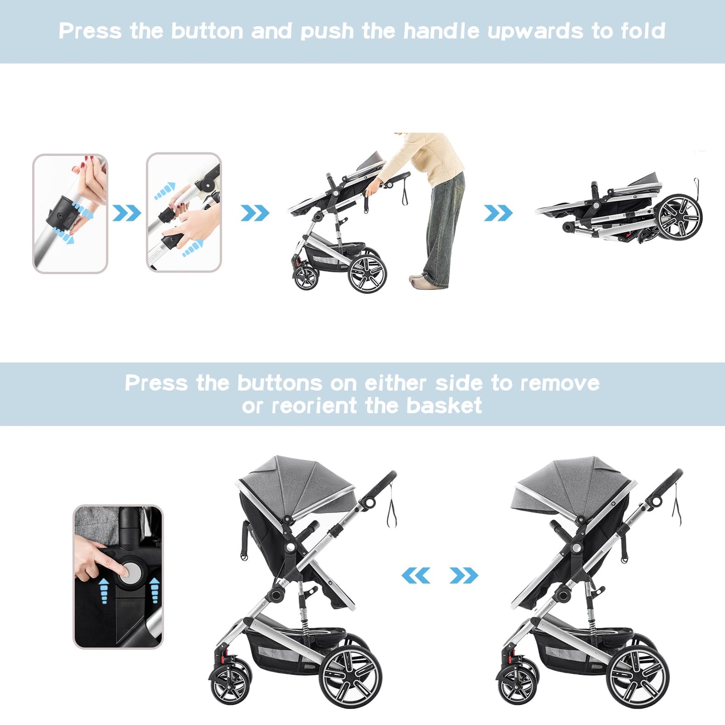 Baby Stroller 3 in 1,Travel Pushchair's Lie-Flat Pram is Foldable, Stroller System Handle is Adjustable, The Wheels are Made of PU Material, Suitable for 0-3 Years-Khaki