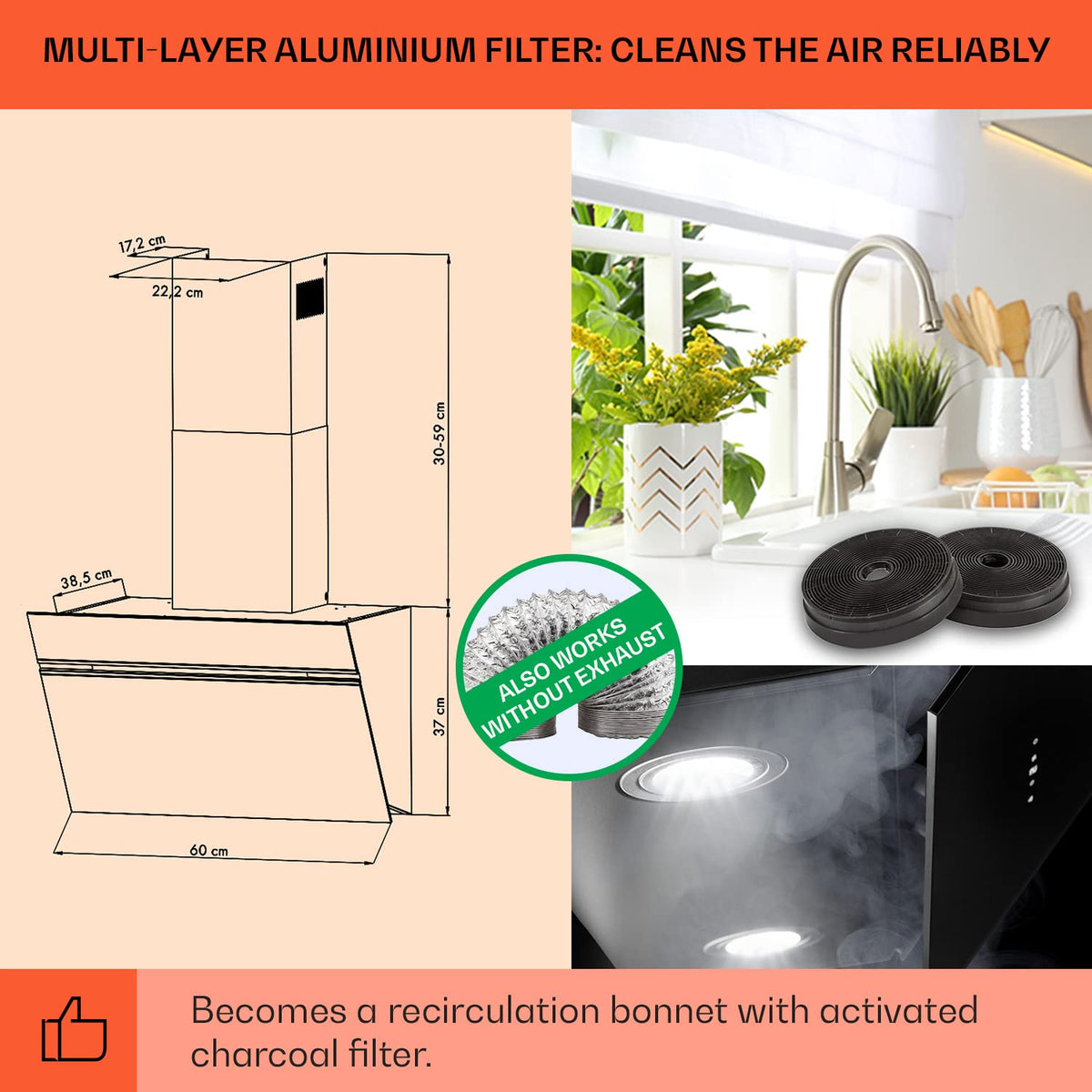 Klarstein Alina 90 Angled Cooker Hood - 615m³/h Air Flow, Touch Panel, LED Backlighting, Quiet 63dB, Energy Class A, 90cm Extractor Hood, Black