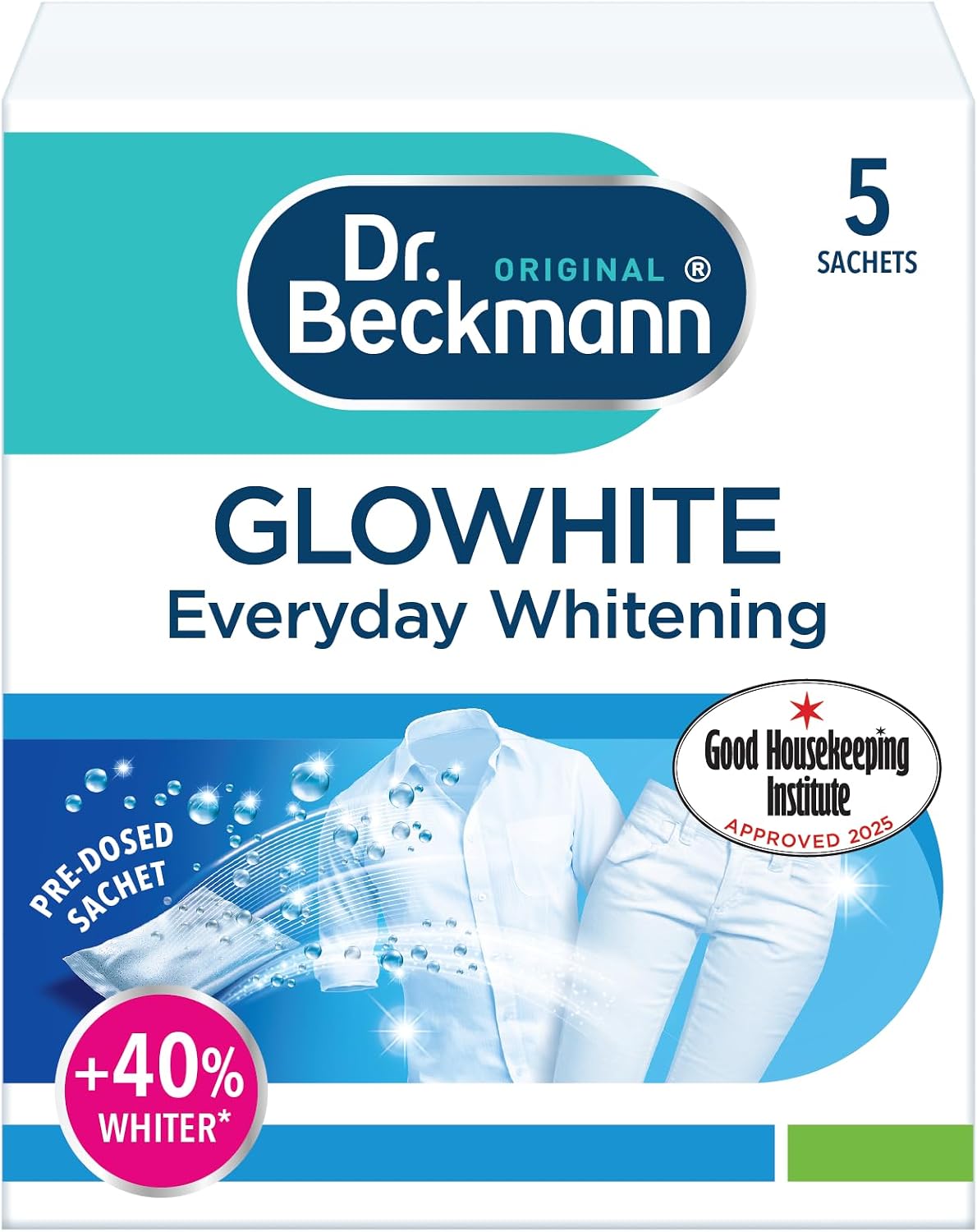 Dr. Beckmann Glowhite, In-Wash Sachets, Brighter White Laundry, 5 x 40g