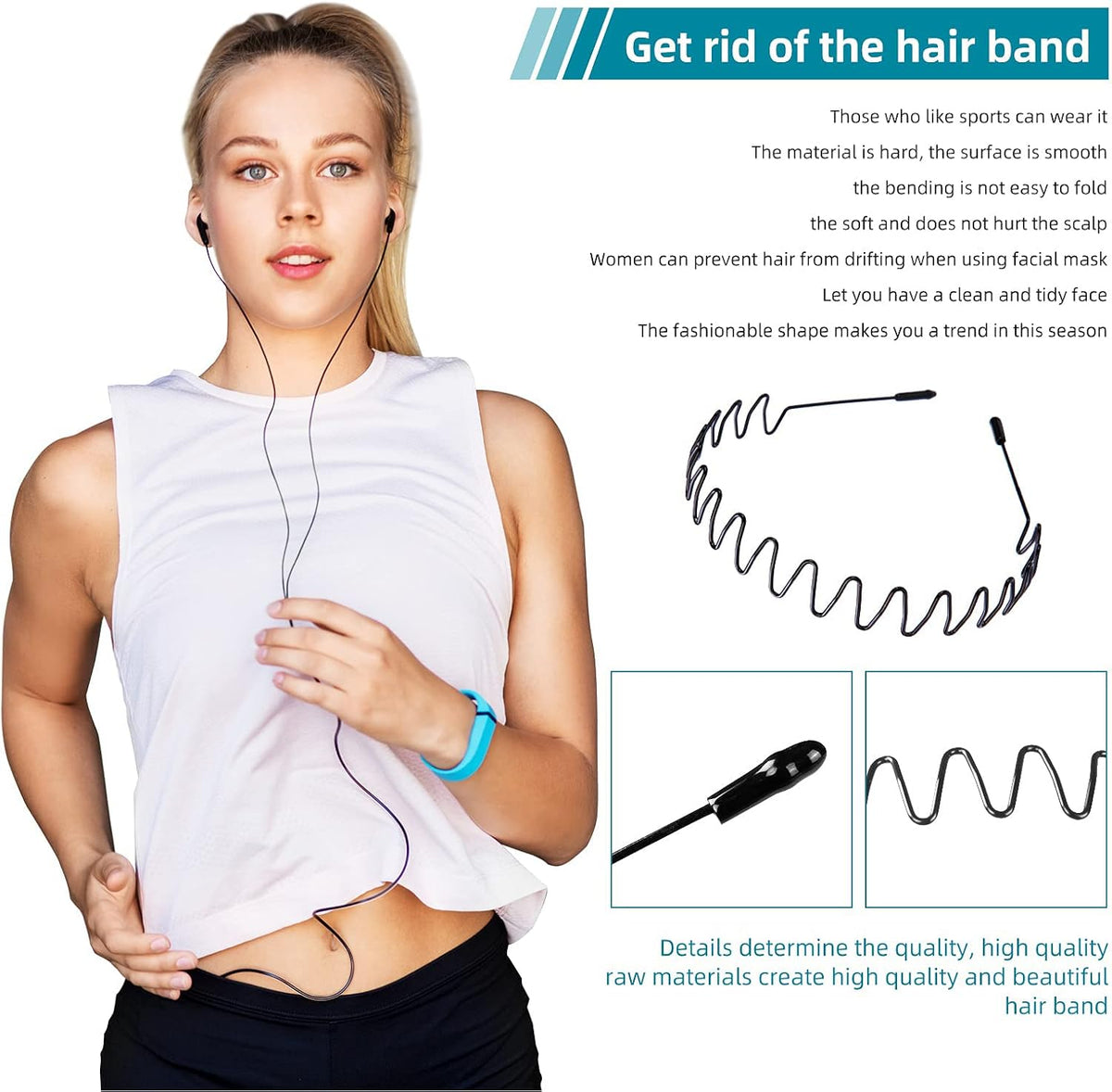 3PCS Metal Hair Bands for Men Non-Slip Black