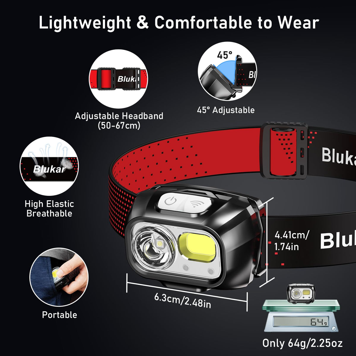 Blukar Head Torch Rechargeable, 2 Pack 2000L Super Bright Headlamp-8 Modes