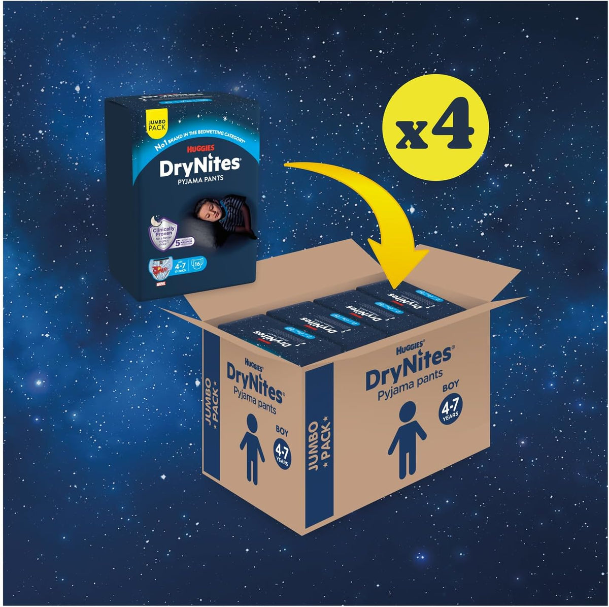 HUGGIES DryNites, Pyjama Pants, Boys 4-7 Years (17-30KG), 64 x bedwetting Pants, Up to 100% Leak Free Nights