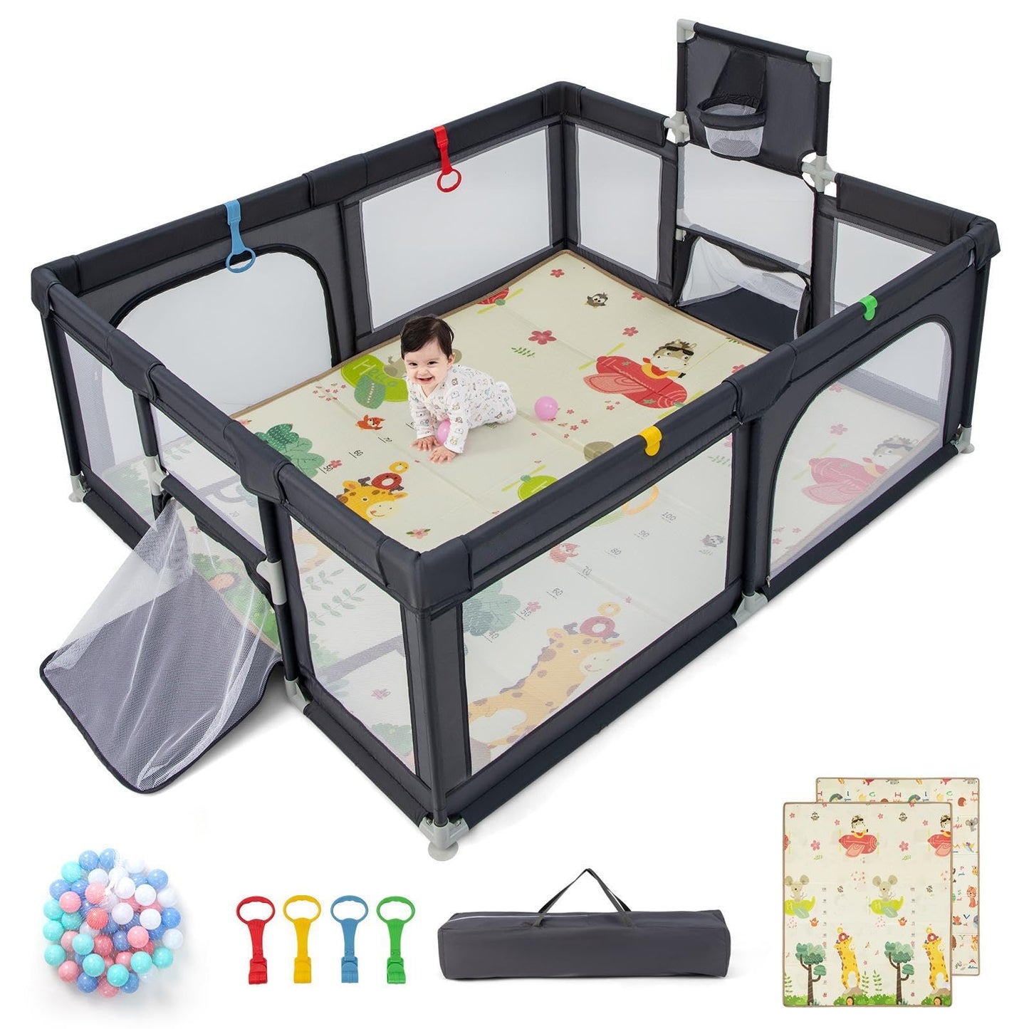 COSTWAY Baby Playpen, Toddler Mesh Play Pen with Mat, Pull Rings, Basketball Hoop, Football Nets, Ocean Balls, Indoor Outdoor Safety Playard for Babies and Toddlers (Light Gray, 207 x 142cm)