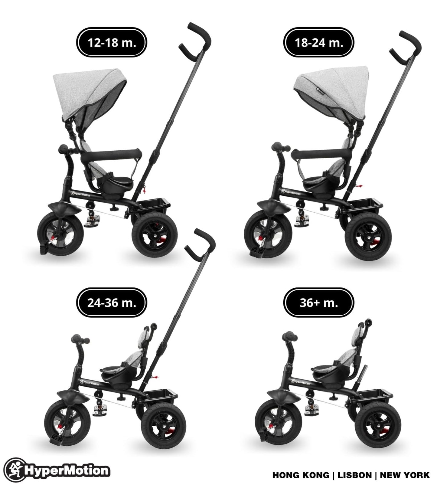 HyperMotion Toddler Tricycle with Parent Handle, Canopy, Safety Belt & Basket — From 12 Months